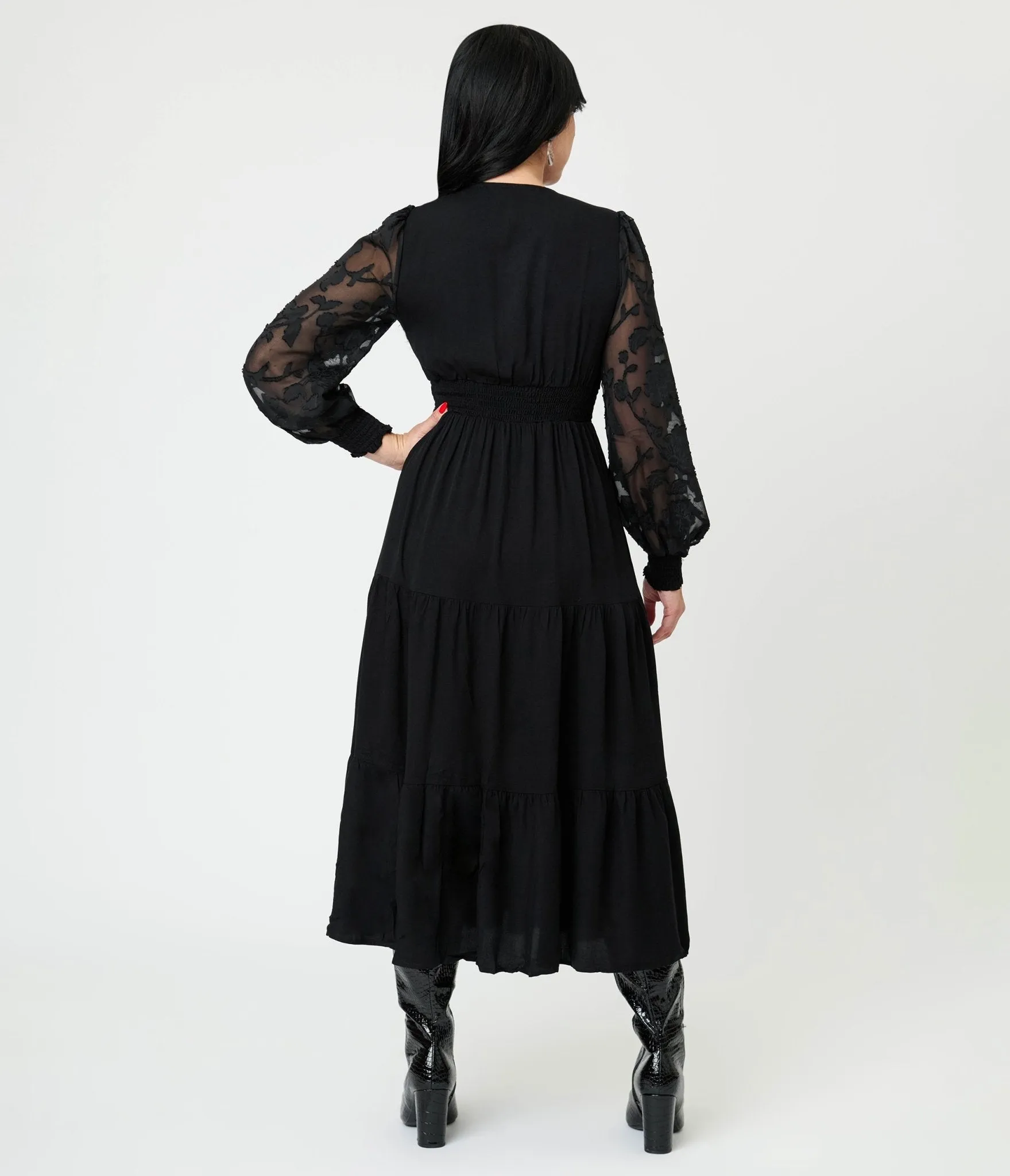 Black Lace V-Neck Tiered Midi Dress sold by Unique Vintage product image thumbnail 2