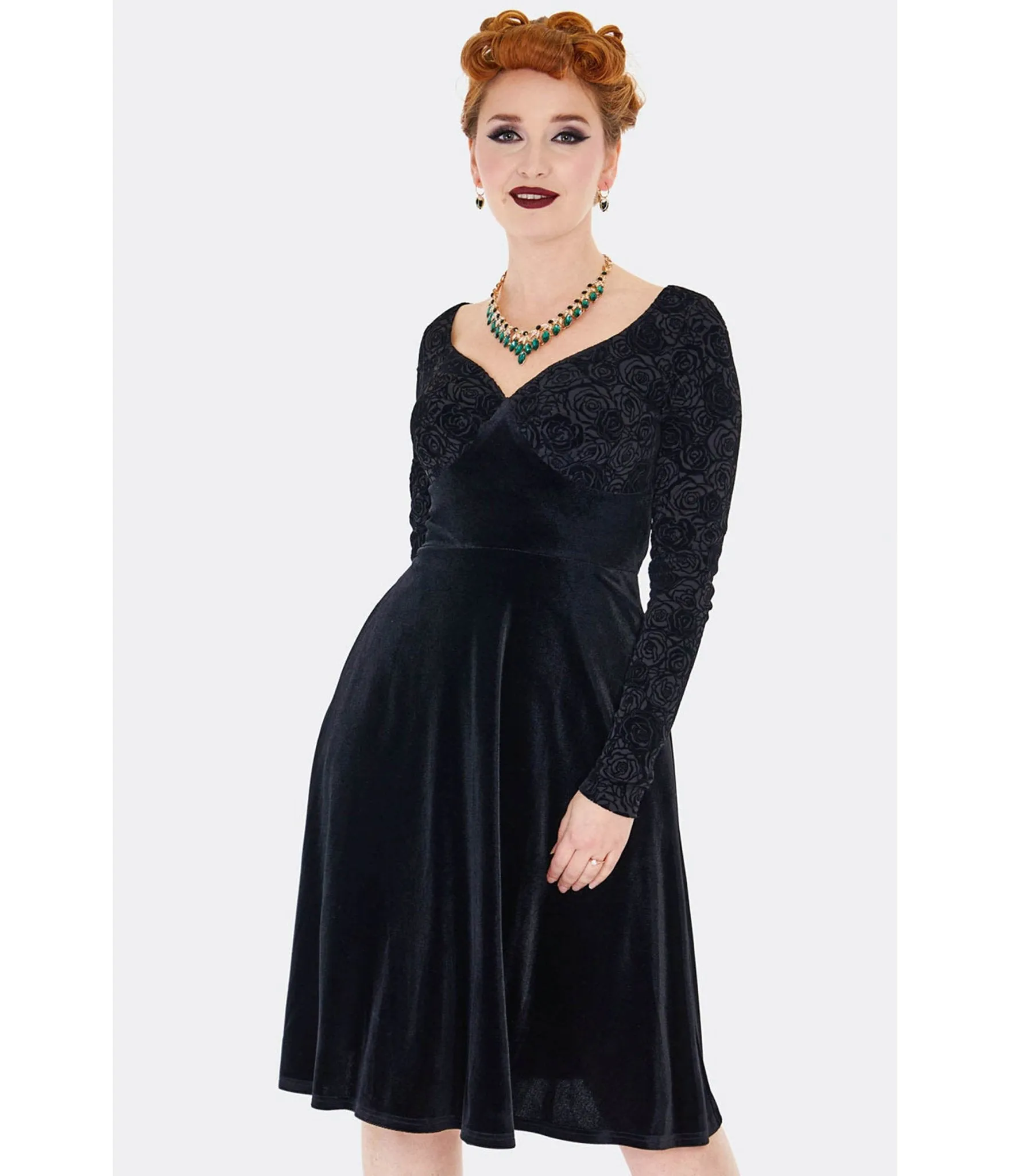 Voodoo Vixen Black Rose Embossed Velvet Swing Dress sold by Unique Vintage