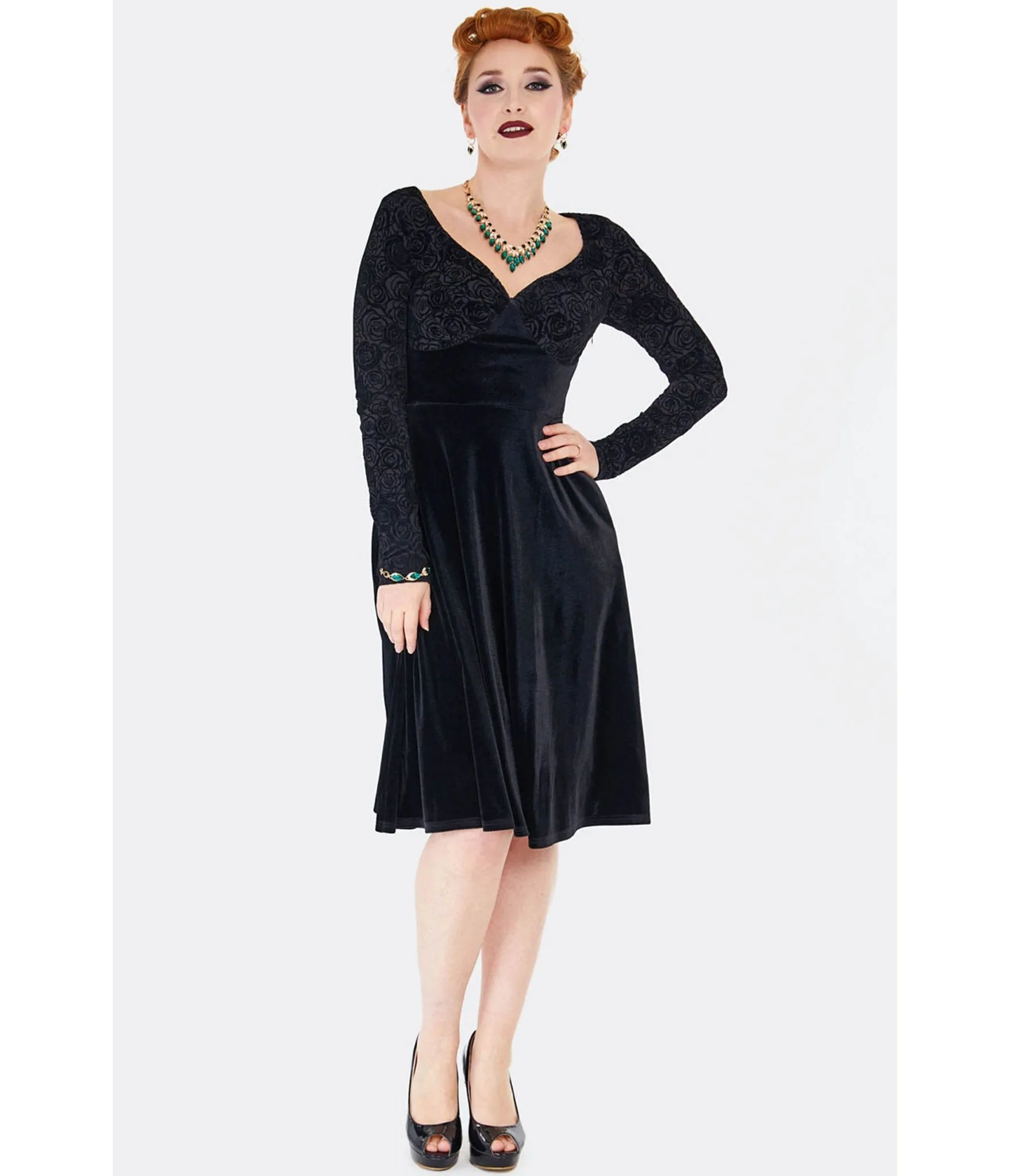 Voodoo Vixen Black Rose Embossed Velvet Swing Dress sold by Unique Vintage product image thumbnail 2