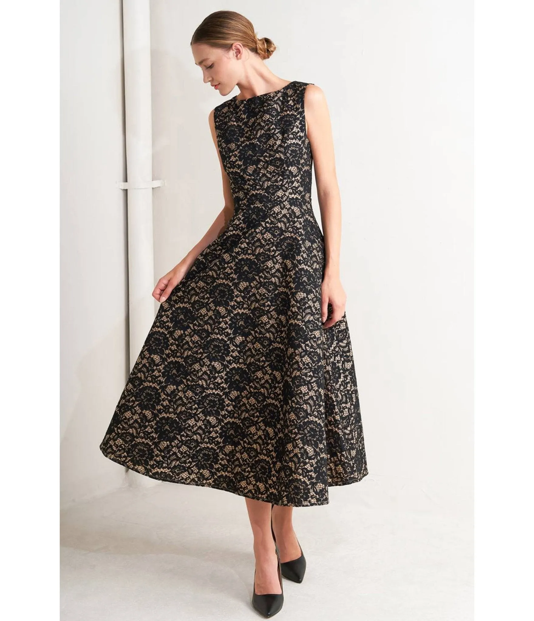 Black Lace Woven Midi Dress sold by Unique Vintage