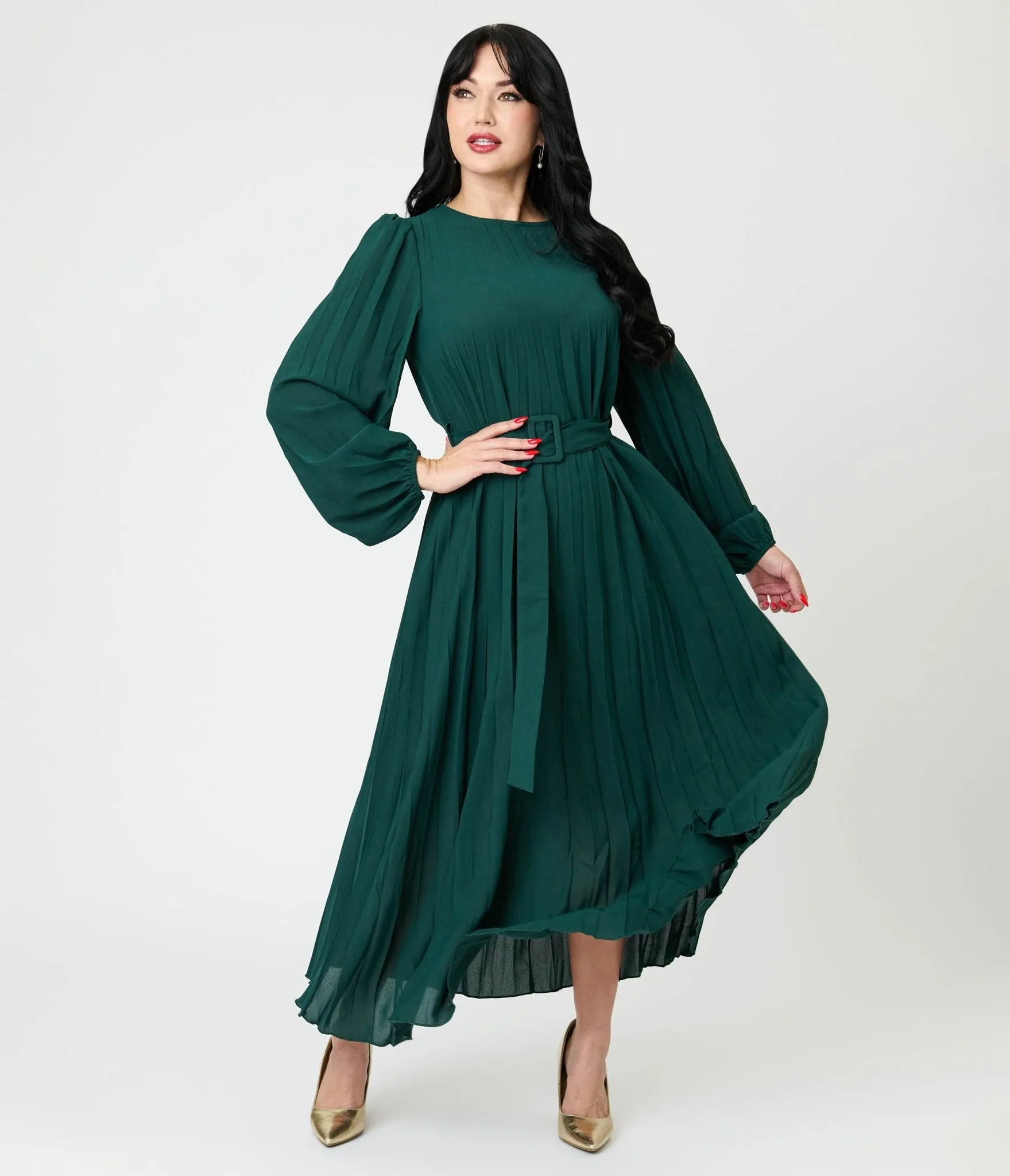 Emerald Green Pleated Maxi Dress sold by Unique Vintage product image thumbnail 4