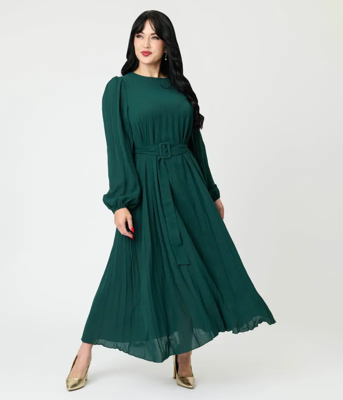 Emerald Green Pleated Maxi Dress sold by Unique Vintage