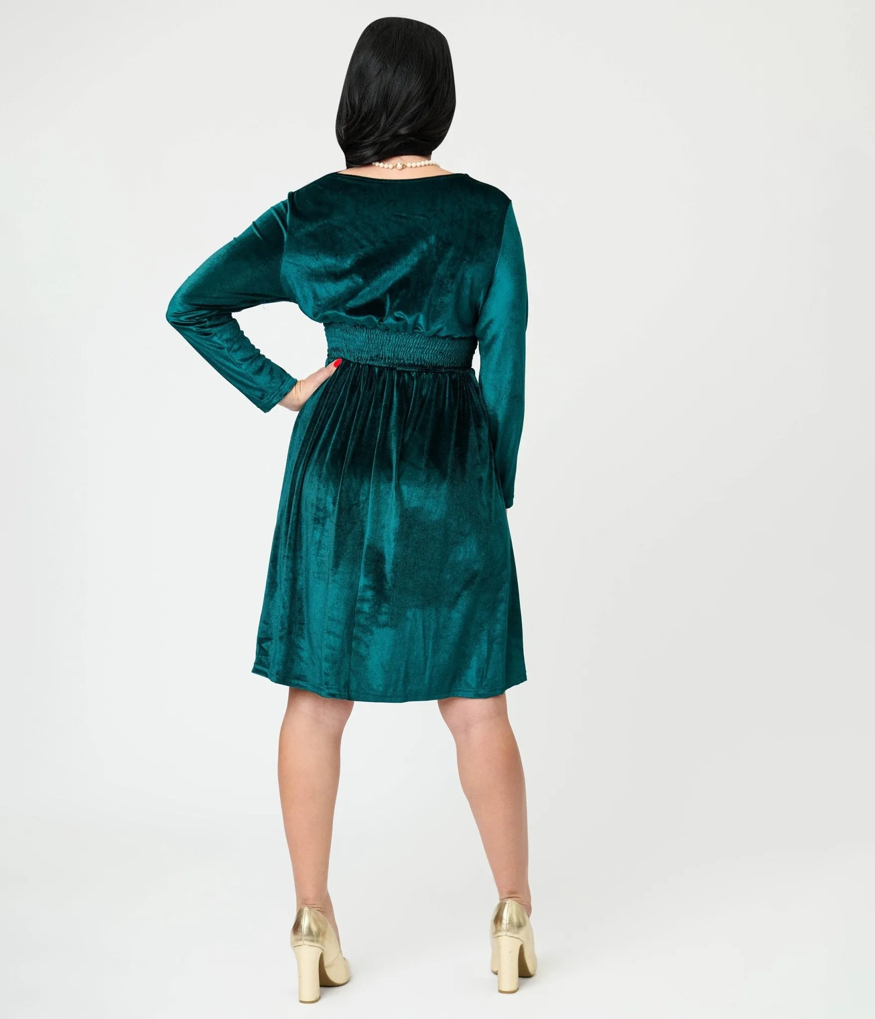 Green Velvet Long Sleeve Fit & Flare Dress sold by Unique Vintage product image thumbnail 2