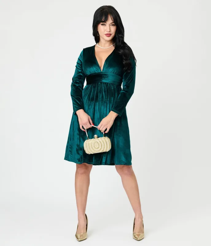 Green Velvet Long Sleeve Fit & Flare Dress sold by Unique Vintage