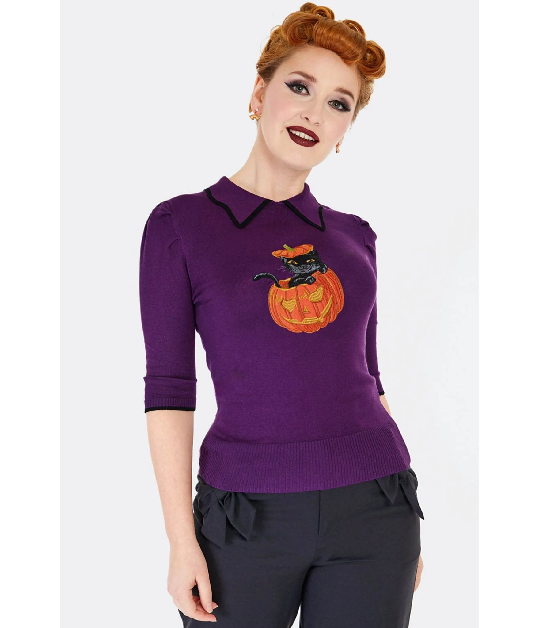 Voodoo Vixen Purple Cat & Pumpkin Collared Sweater sold by Unique Vintage