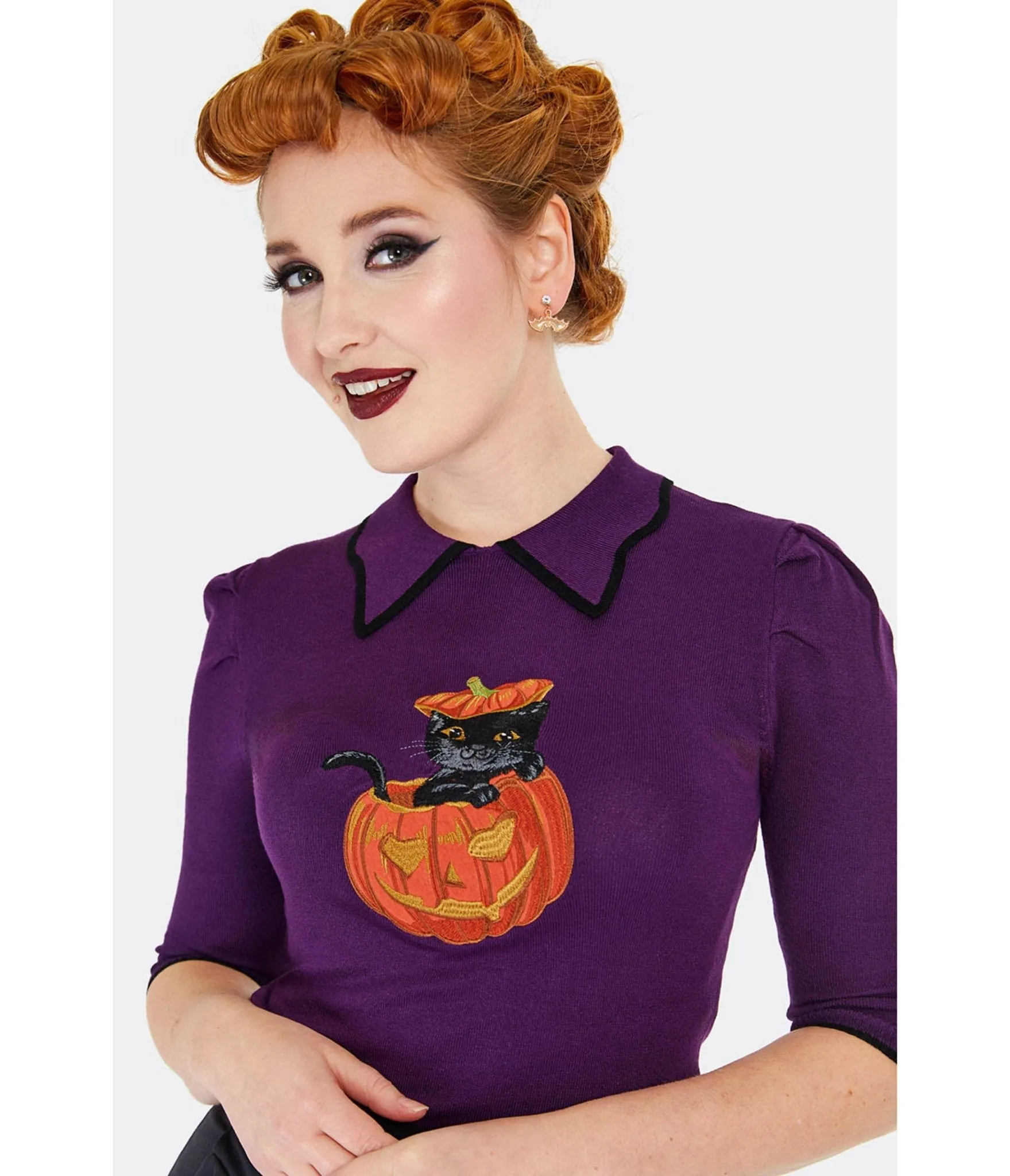 Voodoo Vixen Purple Cat & Pumpkin Collared Sweater sold by Unique Vintage product image thumbnail 3