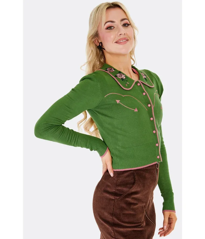 Voodoo Vixen Green Western Rose Embroidered Cardigan sold by Unique Vintage