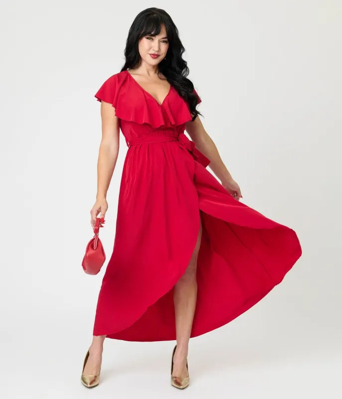 Berry Red Ruffle Midi Dress sold by Unique Vintage