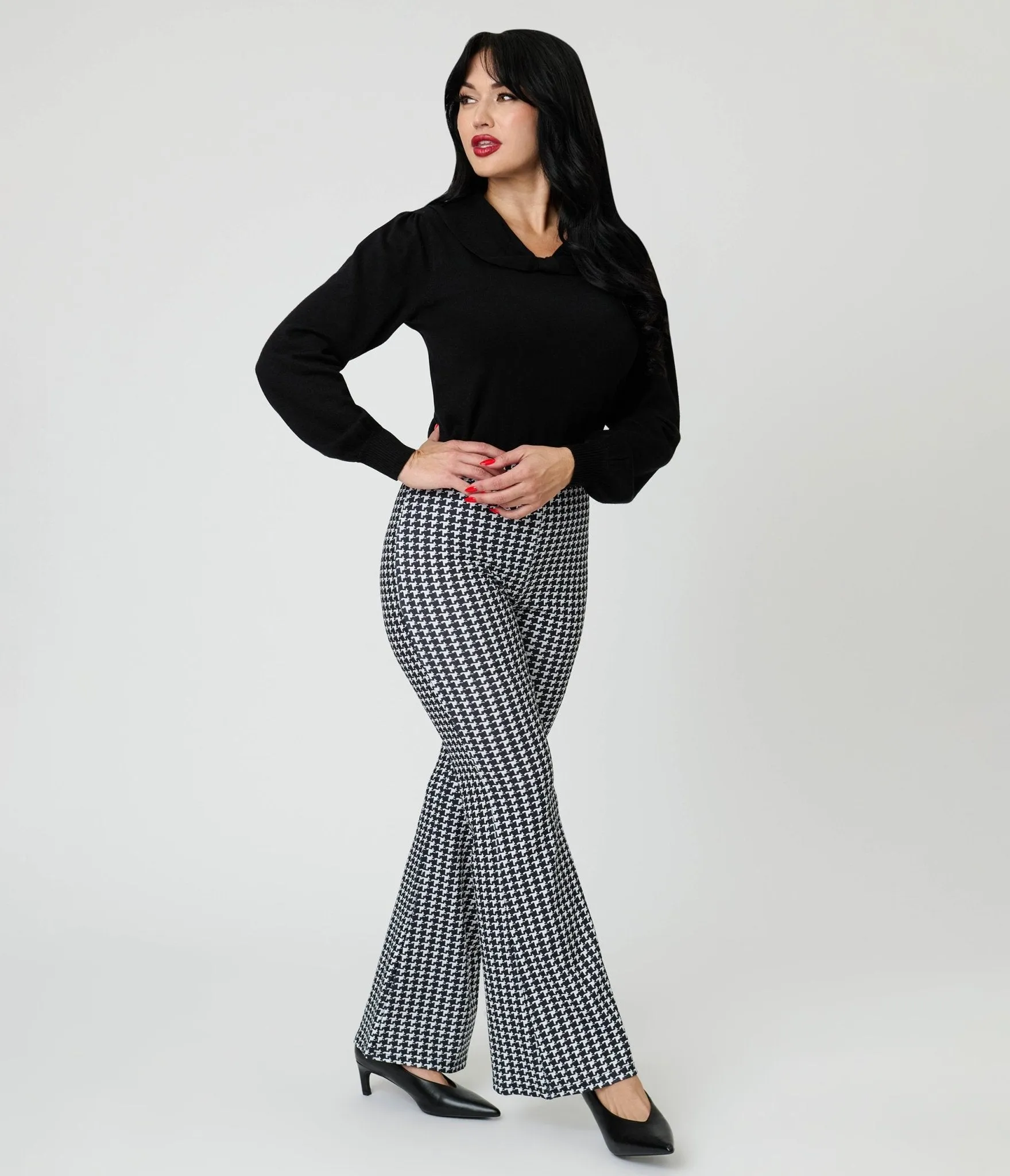 Black Houndstooth High Waist Flare Pants sold by Unique Vintage product image thumbnail 4