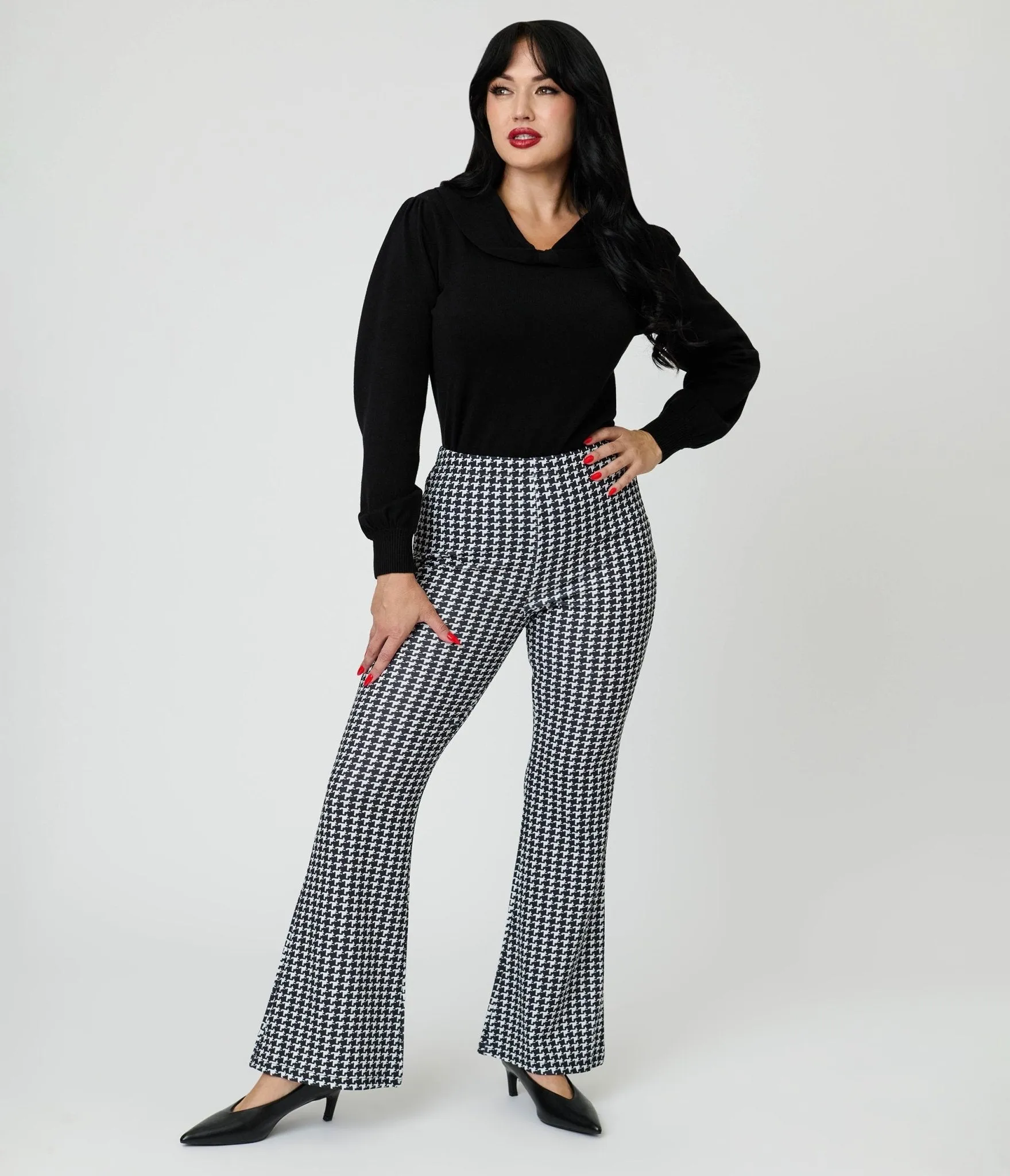 Black Houndstooth High Waist Flare Pants sold by Unique Vintage