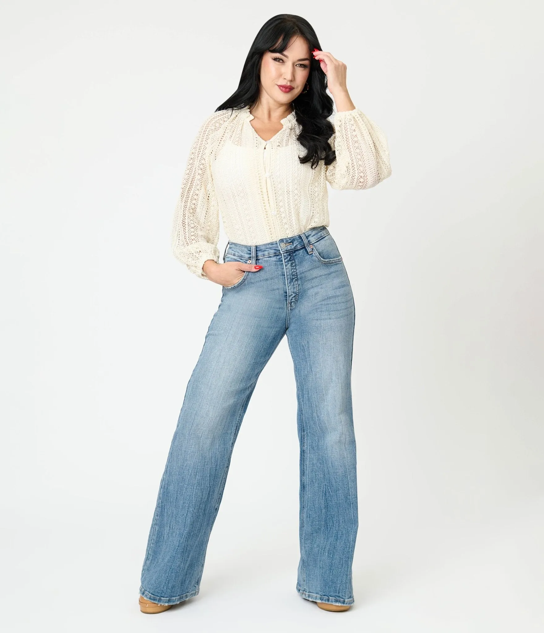 Cream Crochet Long Sleeve Blouse sold by Unique Vintage product image thumbnail 4