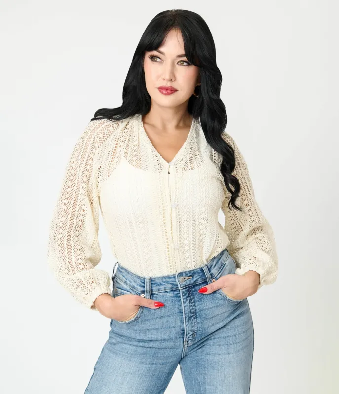 Cream Crochet Long Sleeve Blouse sold by Unique Vintage