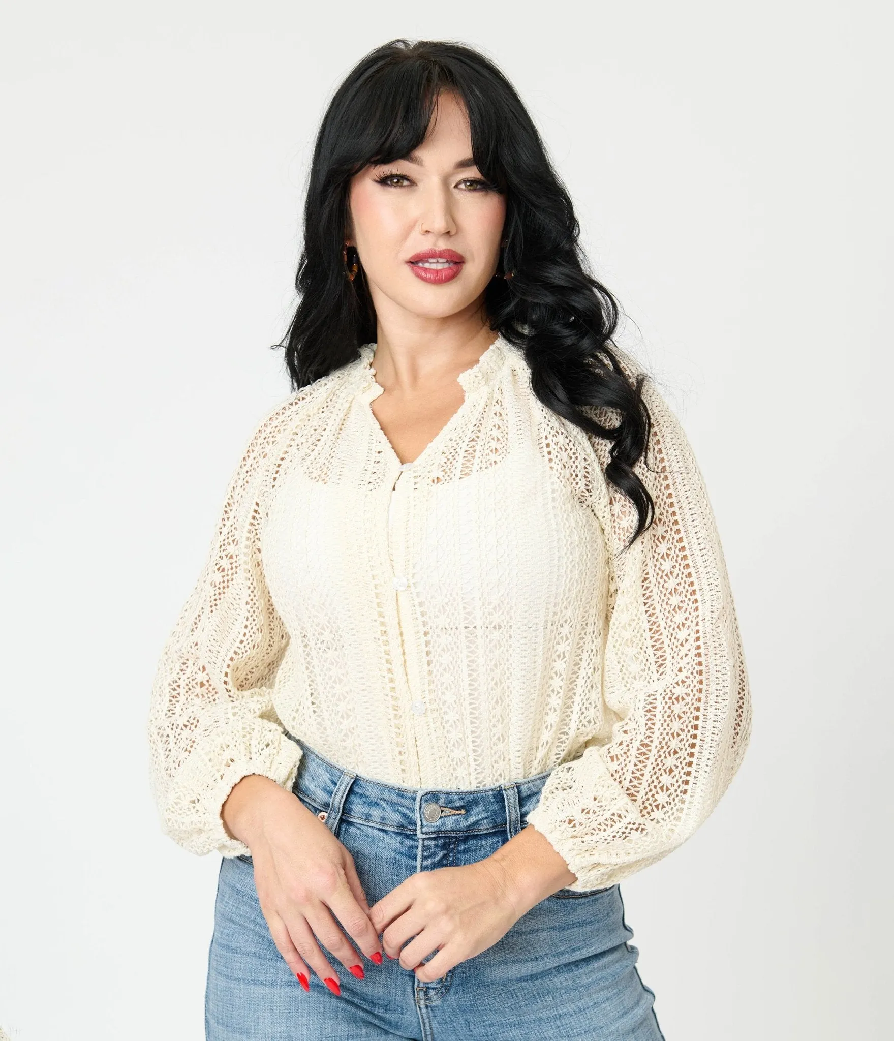 Cream Crochet Long Sleeve Blouse sold by Unique Vintage product image thumbnail 3