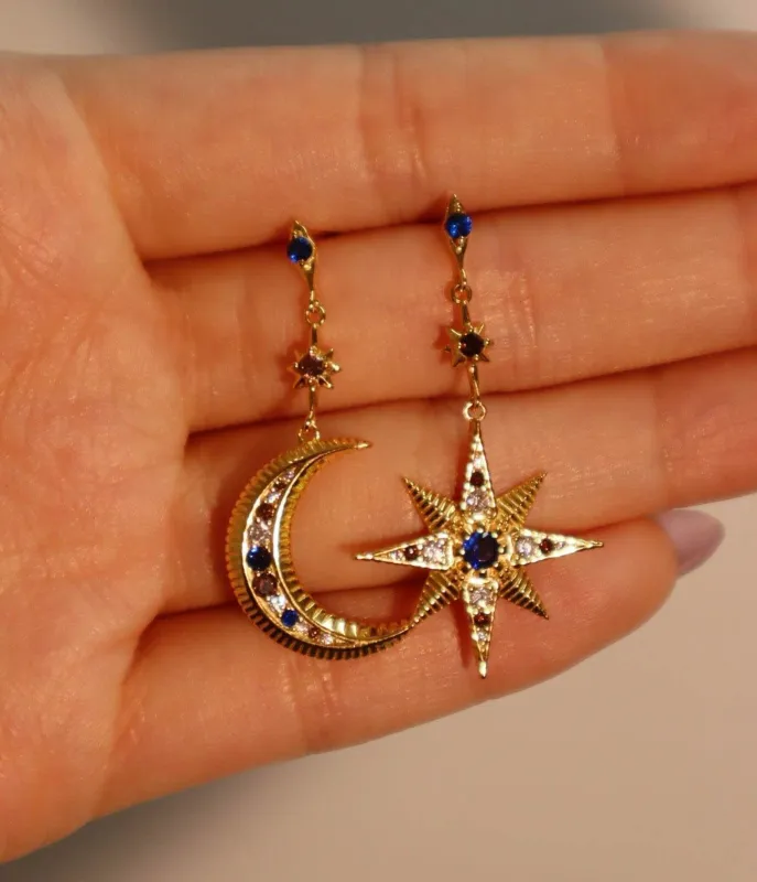 Gold & Blue Rhinestone Star & Moon Earrings sold by Unique Vintage
