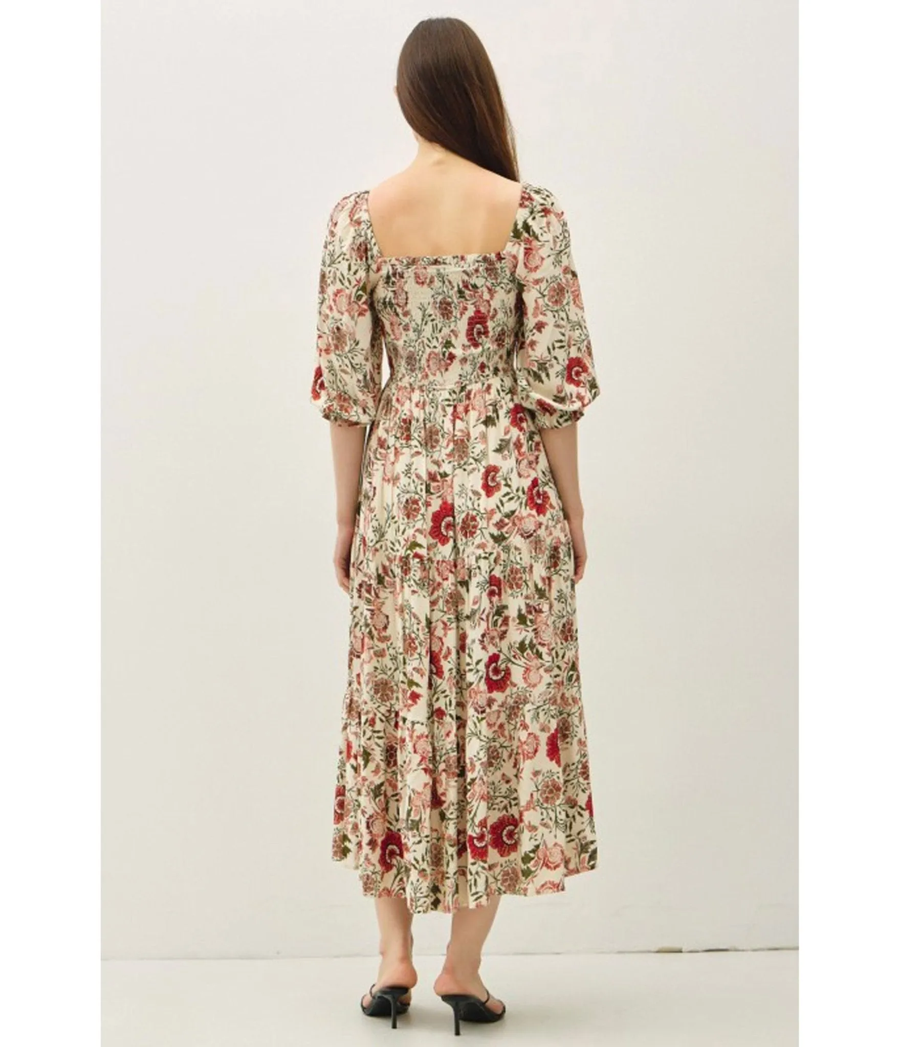 Cream Floral Smocked Bodice Tiered Midi Dress sold by Unique Vintage product image thumbnail 2