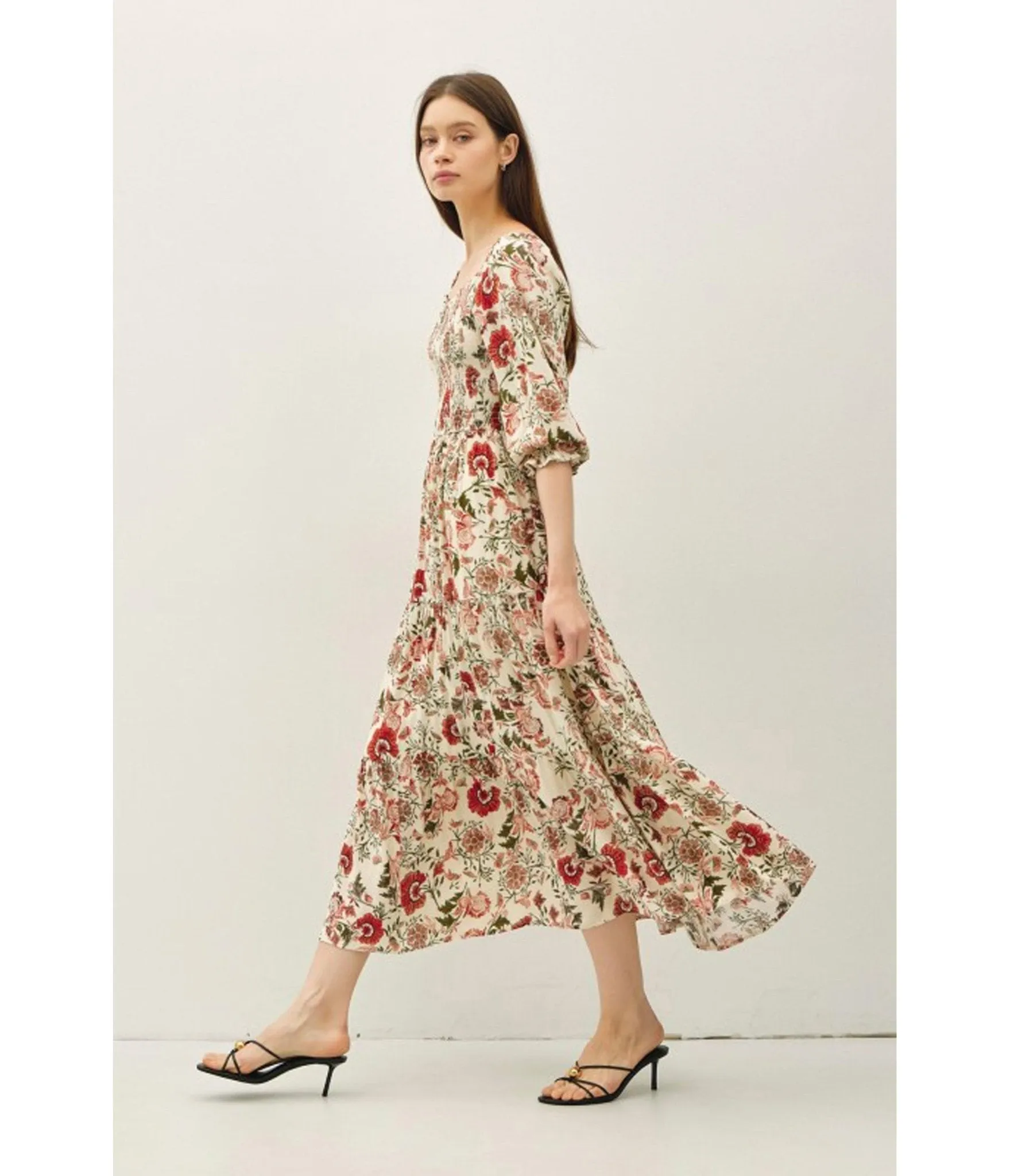 Cream Floral Smocked Bodice Tiered Midi Dress sold by Unique Vintage product image thumbnail 3