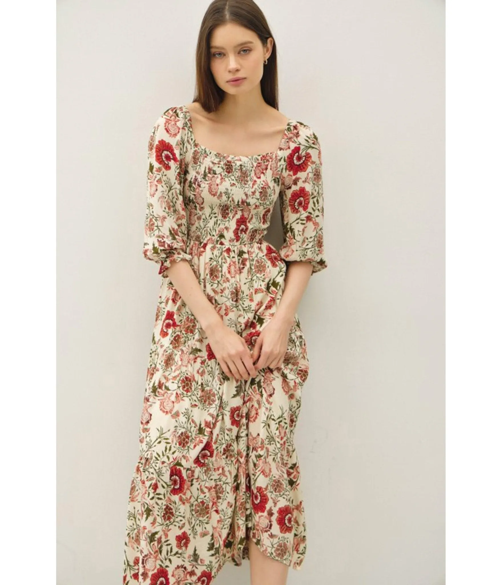 Cream Floral Smocked Bodice Tiered Midi Dress sold by Unique Vintage product image thumbnail 4