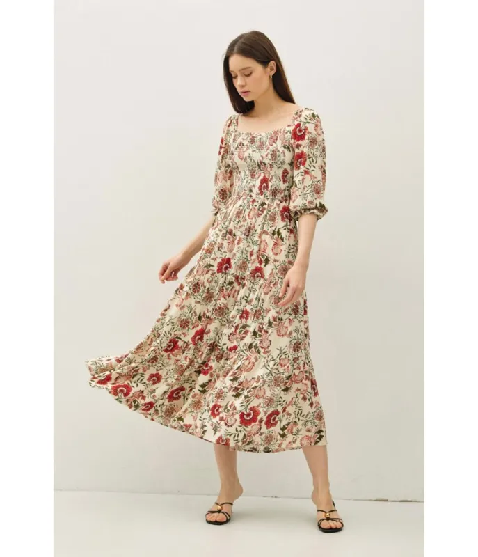 Cream Floral Smocked Bodice Tiered Midi Dress sold by Unique Vintage