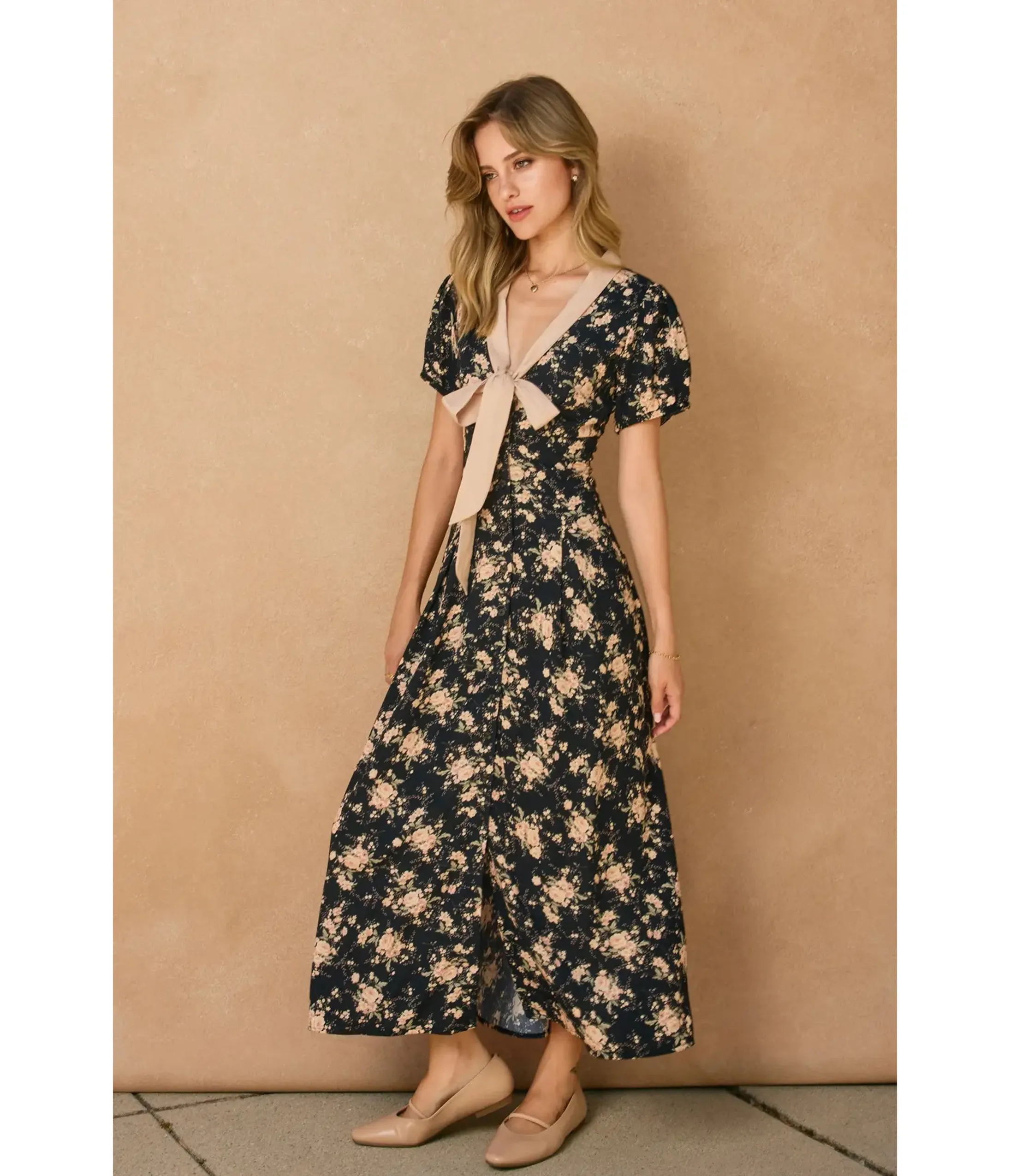 Black & Cream Floral Bow Maxi Dress sold by Unique Vintage product image thumbnail 3