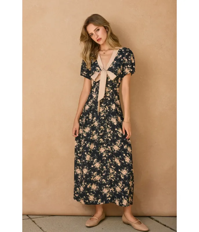 Black & Cream Floral Bow Maxi Dress sold by Unique Vintage