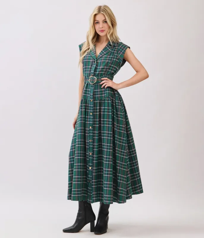 Green Plaid Button Down Midi Dress sold by Unique Vintage
