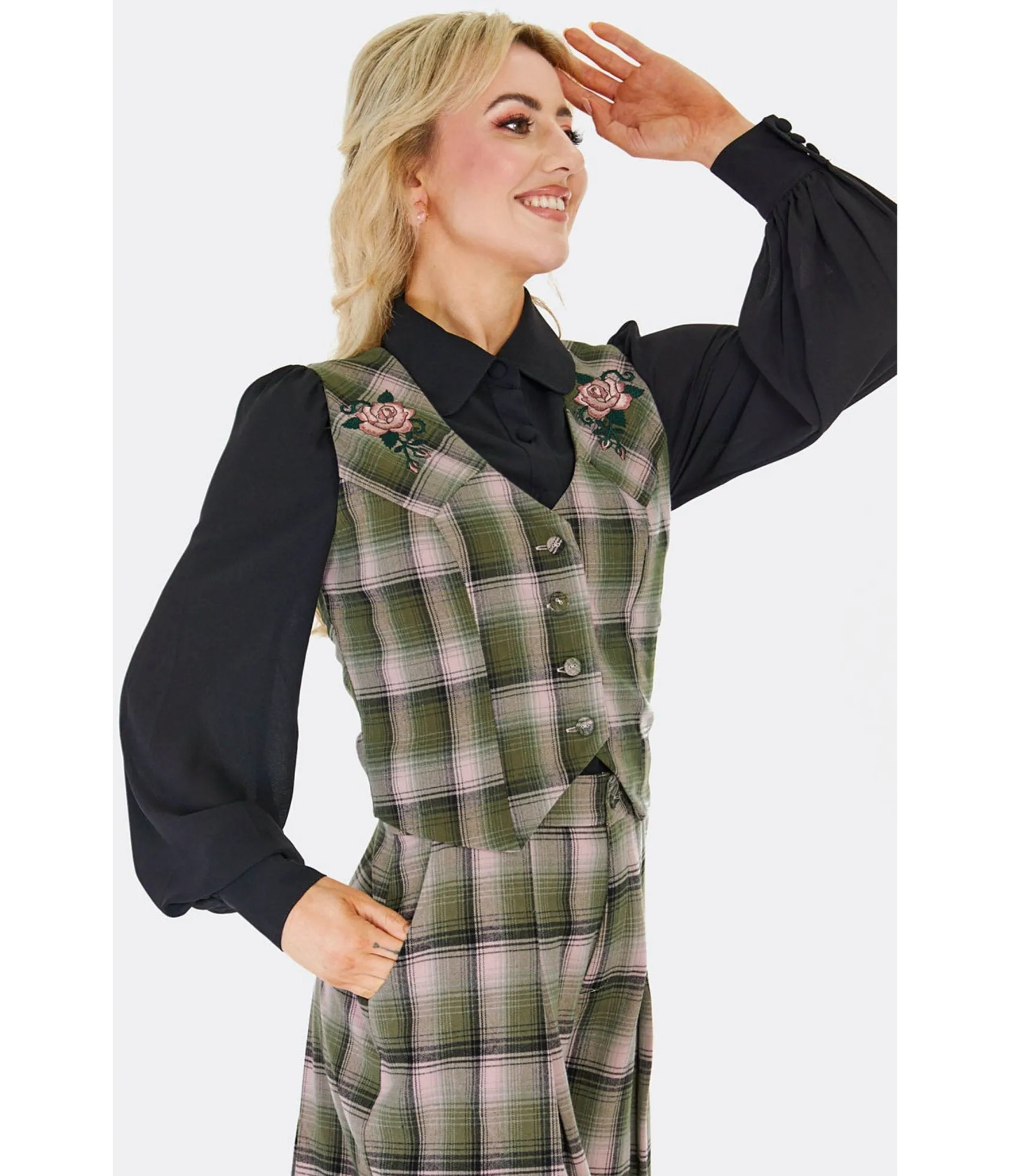 Voodoo Vixen Green Plaid & Floral Embroidered Vest sold by Unique Vintage product image thumbnail 3