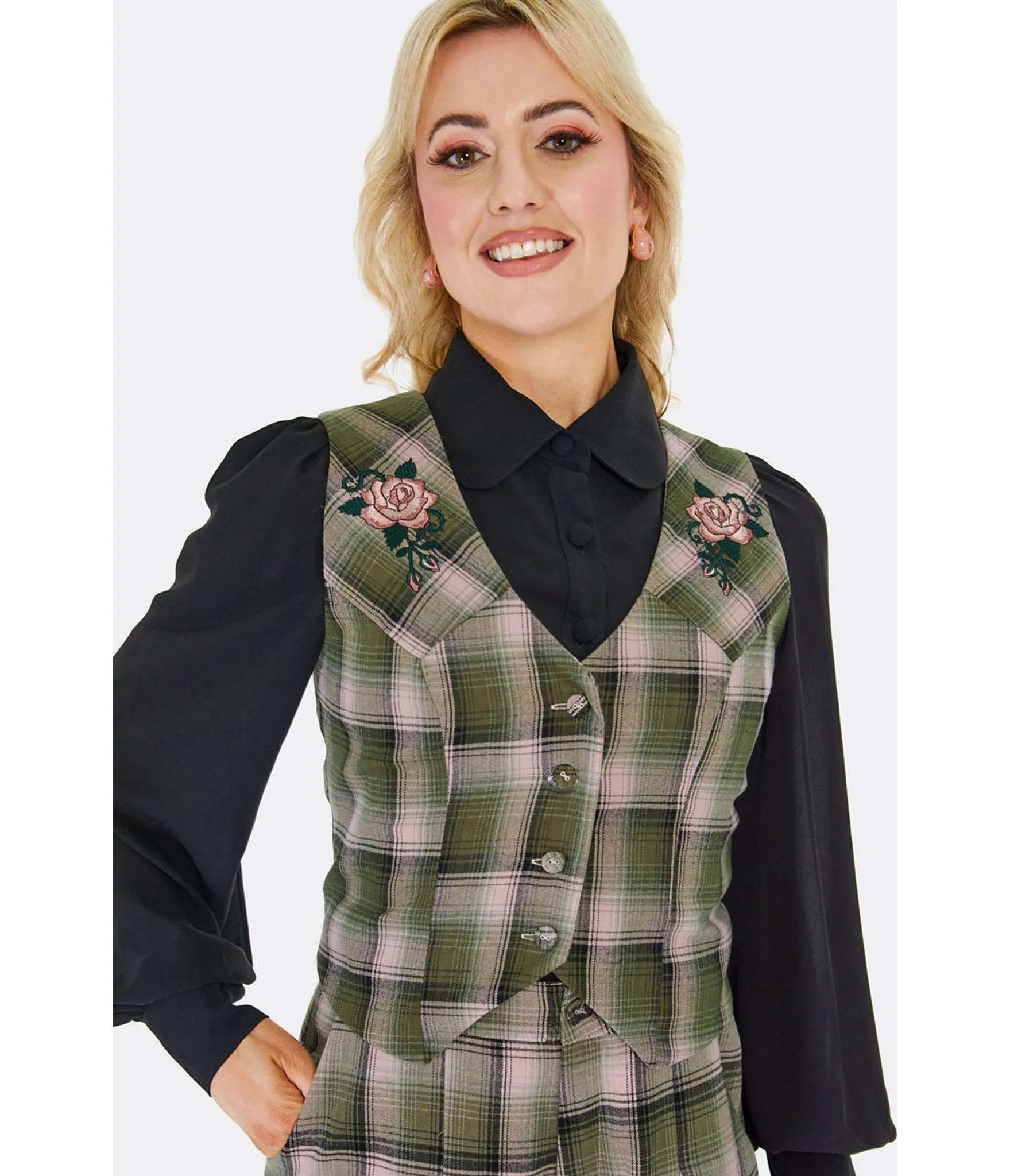 Voodoo Vixen Green Plaid & Floral Embroidered Vest sold by Unique Vintage