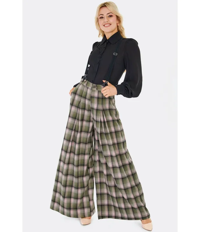 Voodoo Vixen Green Plaid Wide Leg Suspender Trousers sold by Unique Vintage