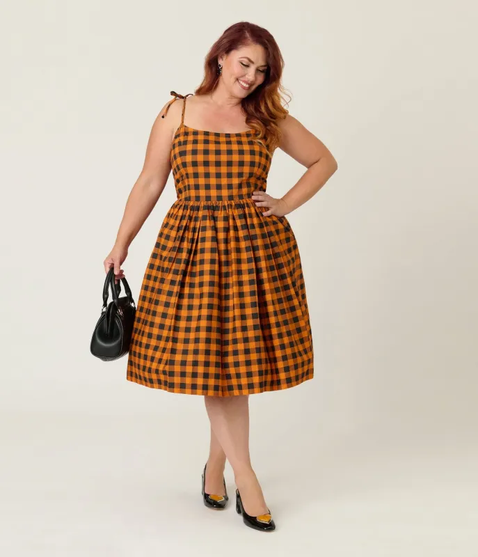 Unique Vintage Plus Size Orange & Black Gingham Cotton Bobbie Swing Dress made by Unique Vintage