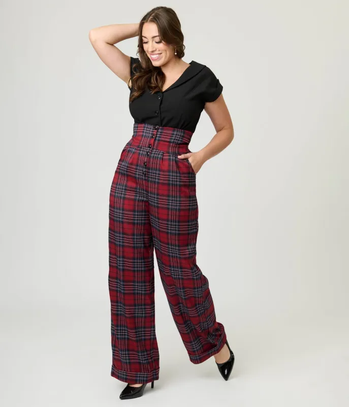 Unique Vintage Red Plaid High Waist Trousers sold by Unique Vintage