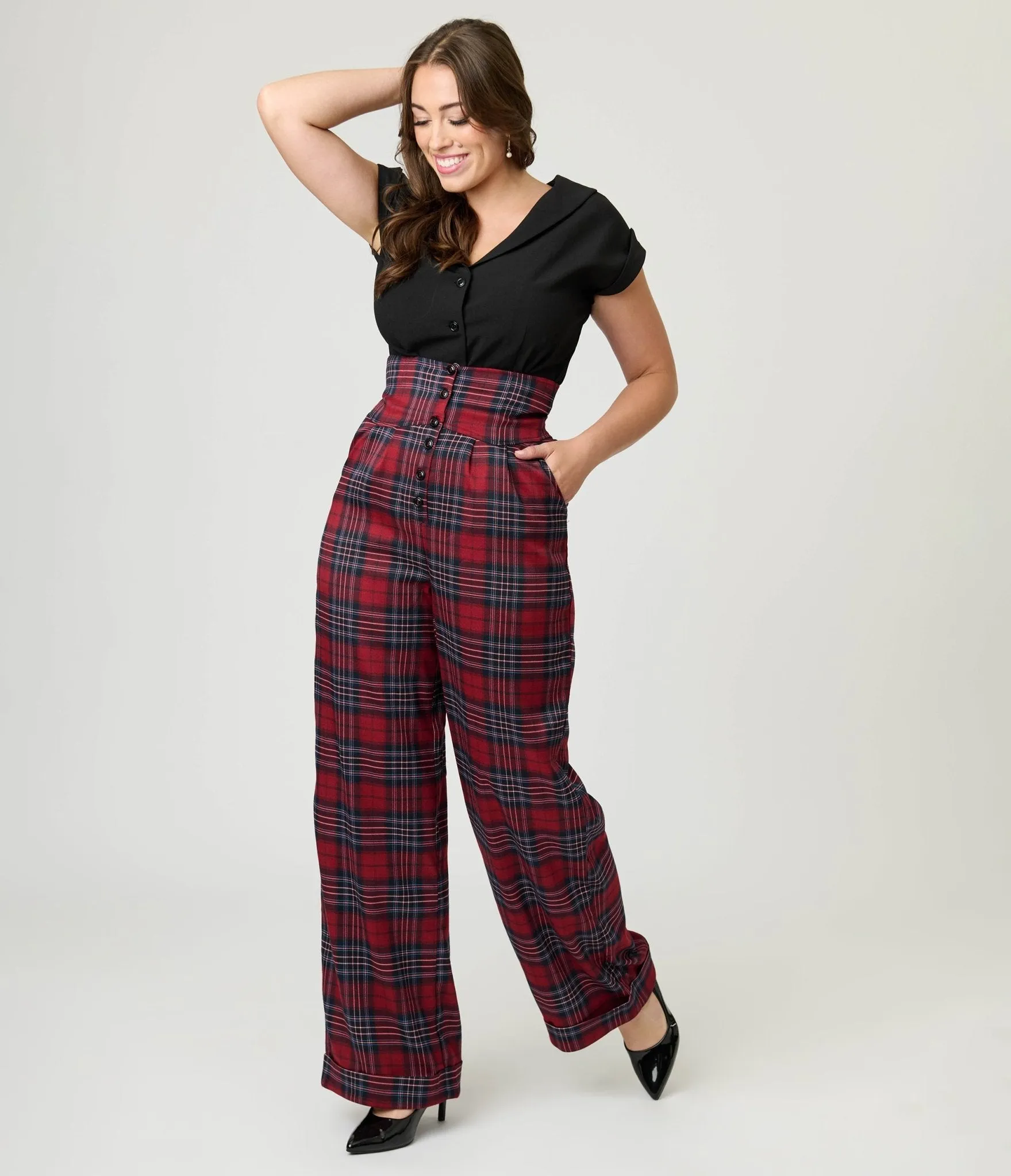 Unique Vintage Red Plaid High Waist Trousers sold by Unique Vintage