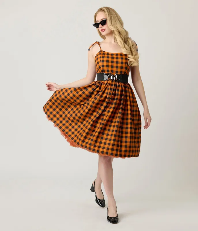 Unique Vintage Orange & Black Gingham Cotton Bobbie Swing Dress made by Unique Vintage