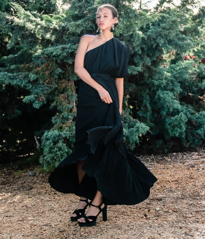 Jenna One Shoulder Pleated Maxi Dress - Wood | Parallel