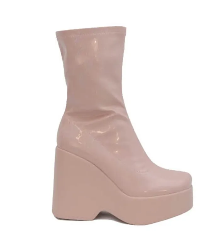 Blush Pink Patent Leatherette Platform Wedge Ankle Booties sold by Unique Vintage