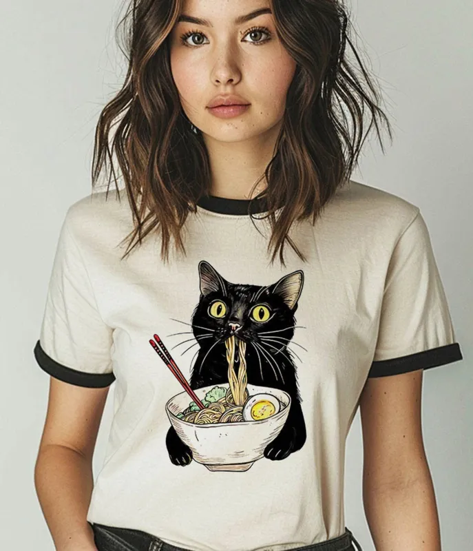 Cat Eating Ramen Unisex Ringer Graphic Tee sold by Unique Vintage