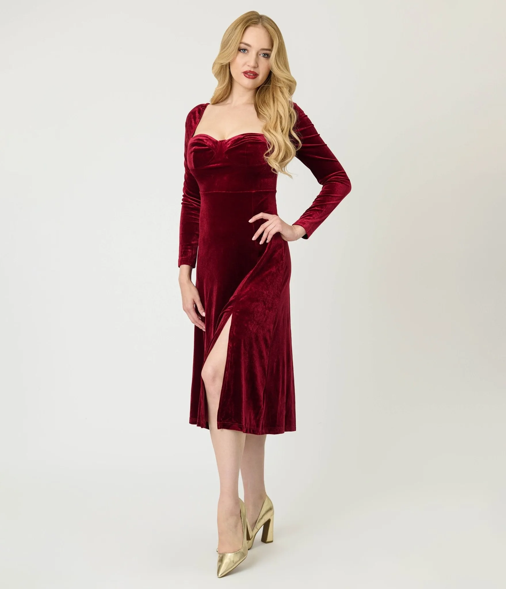 Wine Velvet Sweetheart Midi Dress sold by Unique Vintage