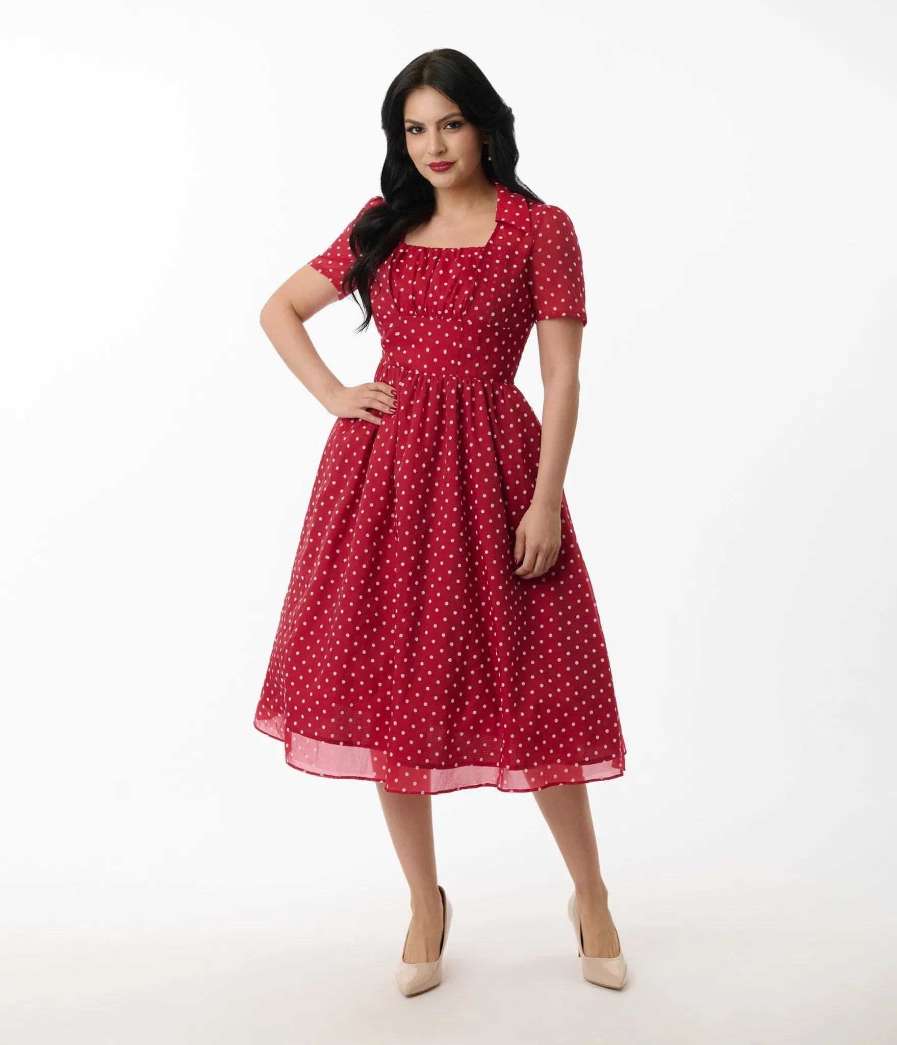 Unique Vintage Burgundy & White Swiss Dot Libby Swing Dress sold by Unique Vintage product image thumbnail 4