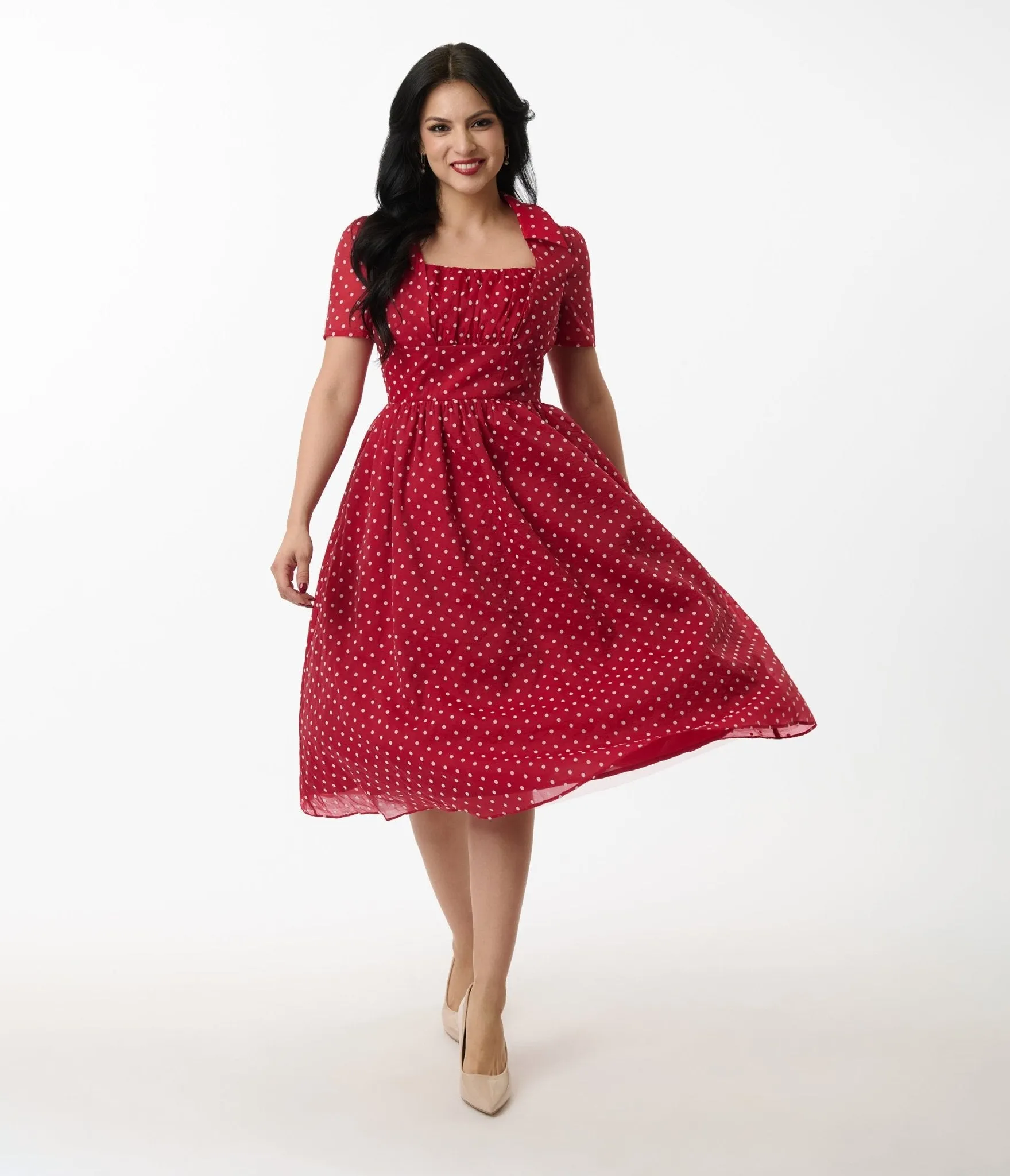 Unique Vintage Burgundy & White Swiss Dot Libby Swing Dress sold by Unique Vintage