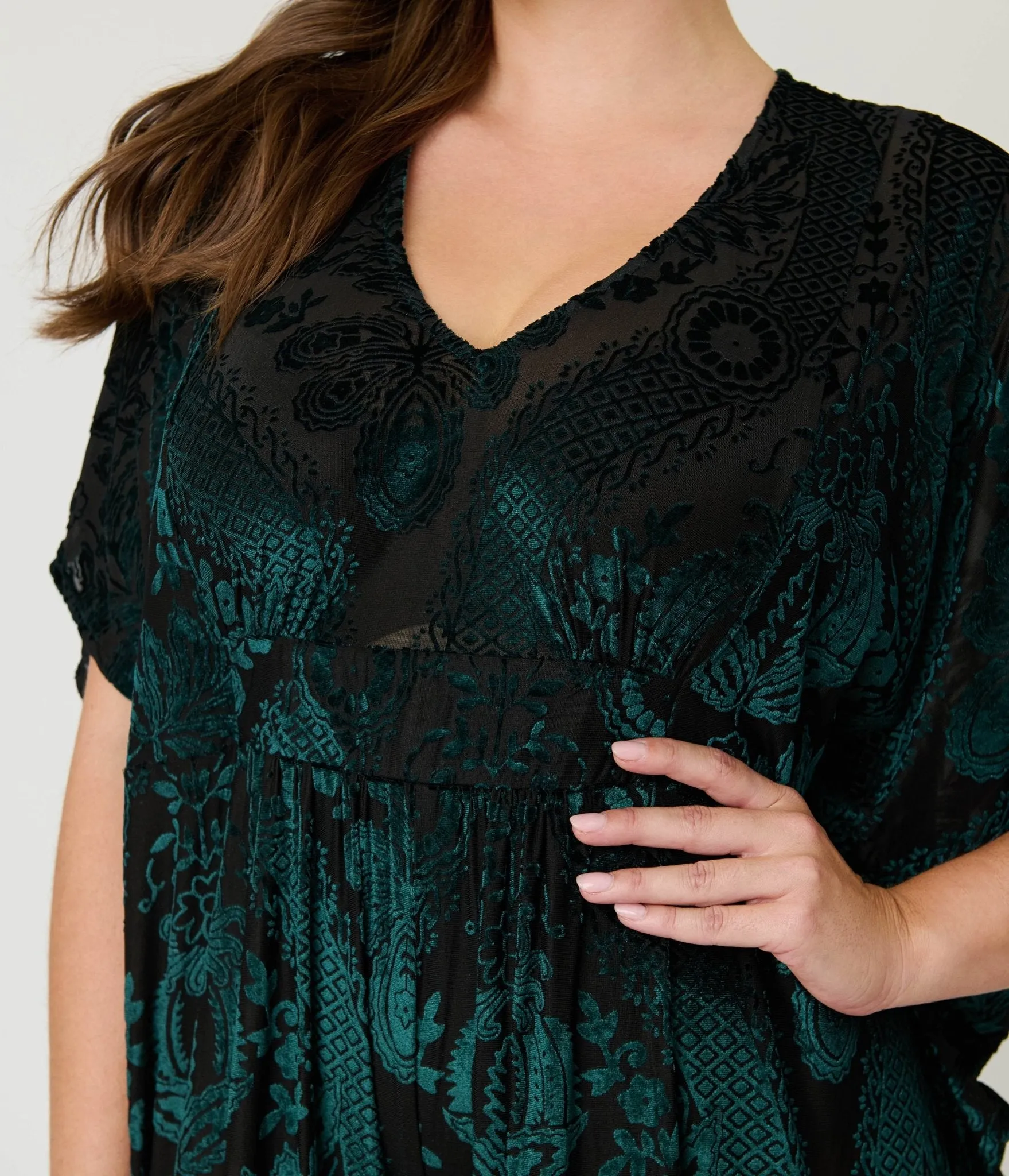 Unique Vintage Green Velvet Floral Burnout Caftan Jumpsuit sold by Unique Vintage product image thumbnail 4