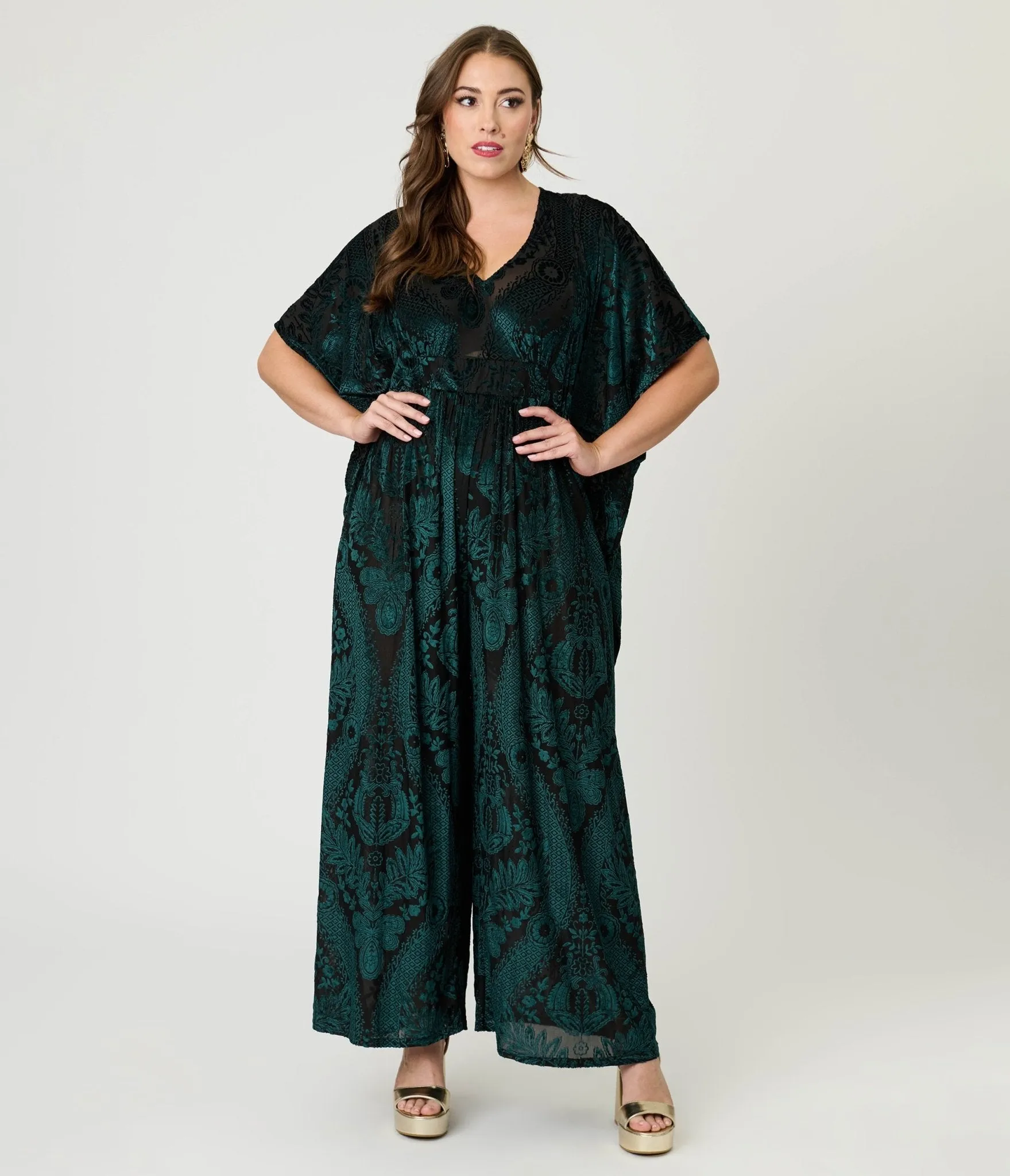 Unique Vintage Green Velvet Floral Burnout Caftan Jumpsuit sold by Unique Vintage