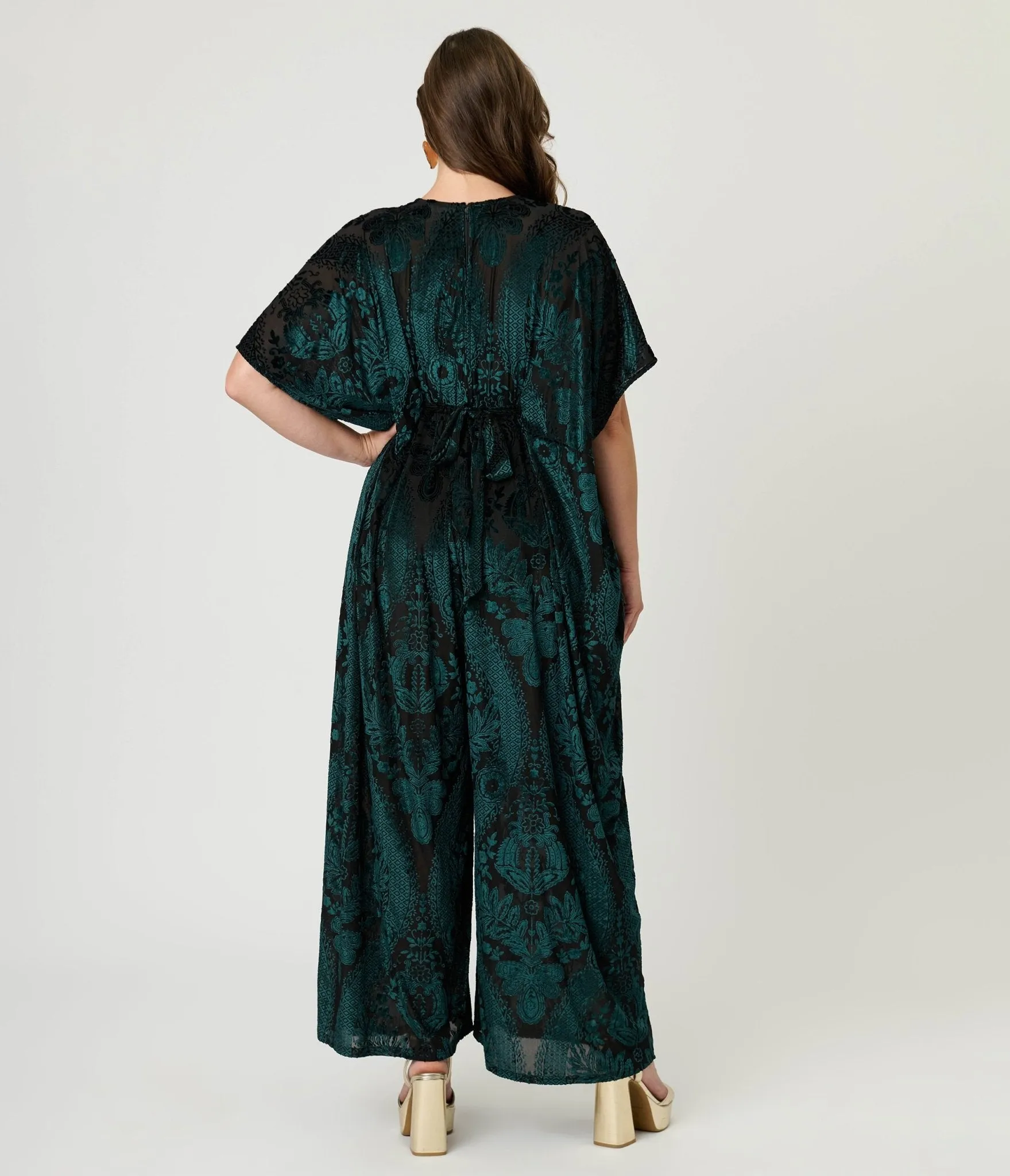 Unique Vintage Green Velvet Floral Burnout Caftan Jumpsuit sold by Unique Vintage product image thumbnail 2