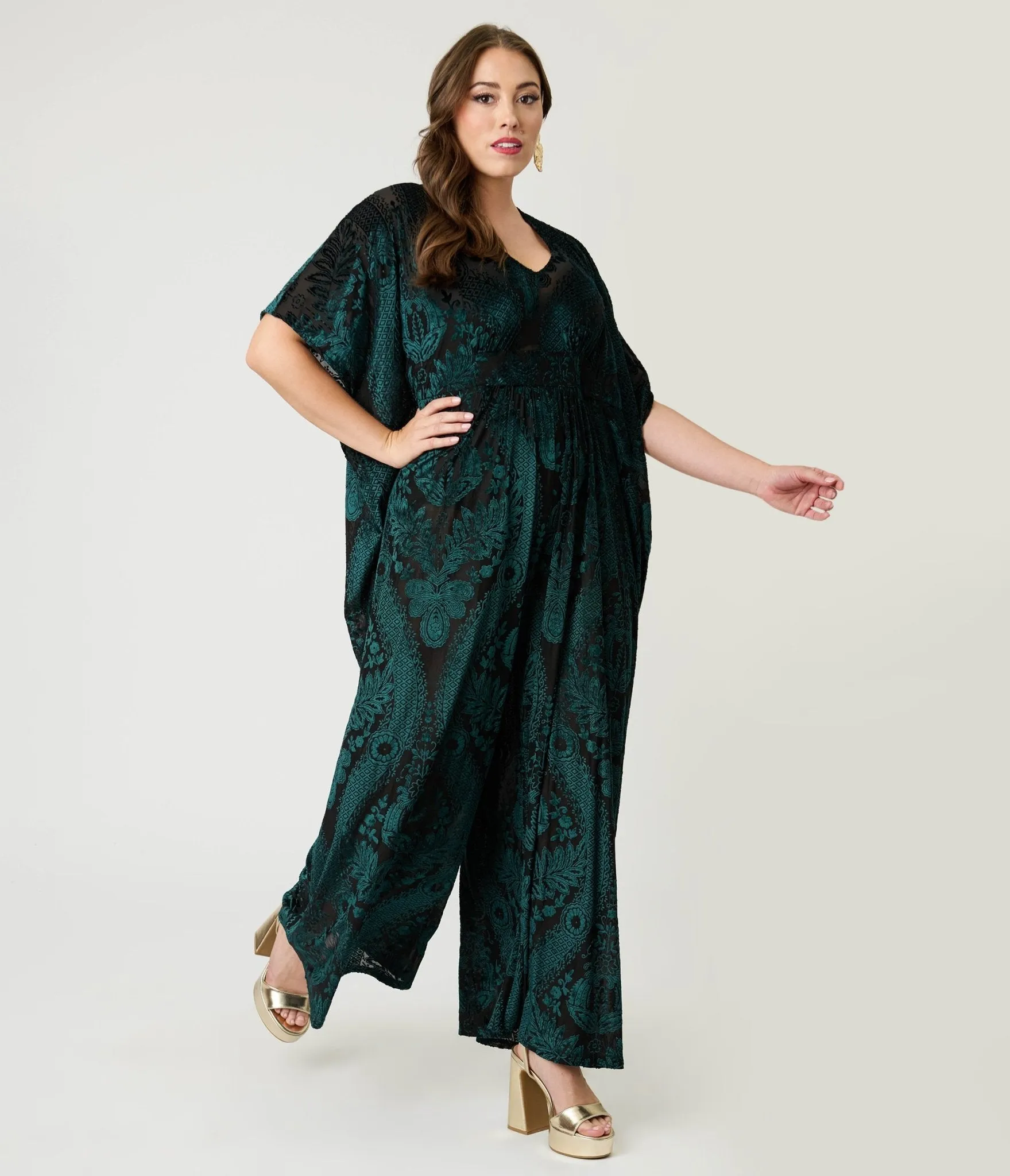 Unique Vintage Green Velvet Floral Burnout Caftan Jumpsuit sold by Unique Vintage product image thumbnail 3