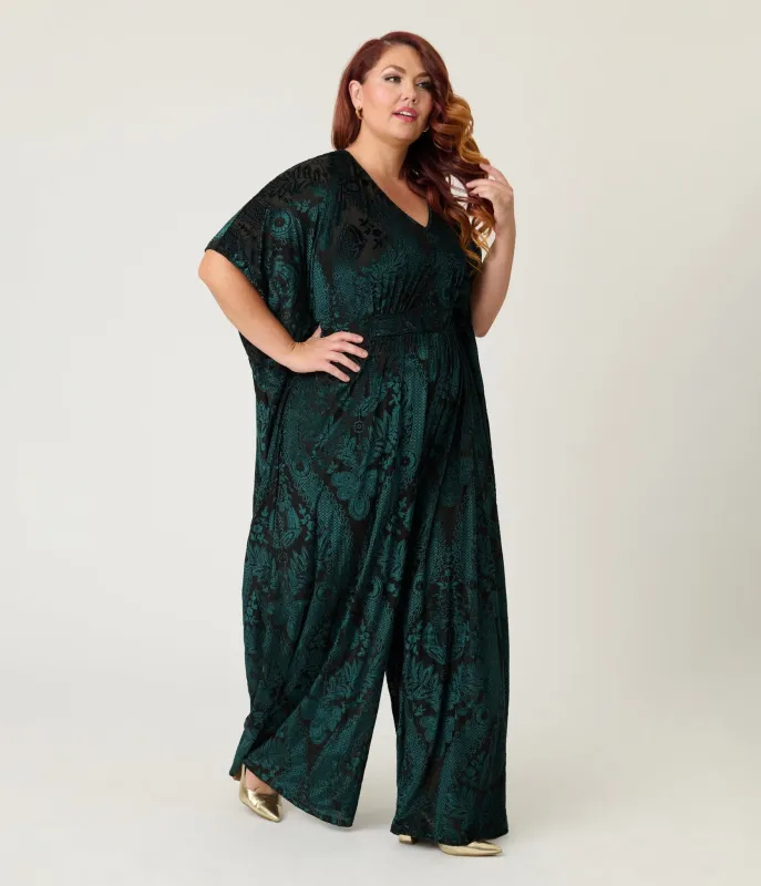 Unique Vintage Plus Size Green Velvet Floral Burnout Caftan Jumpsuit sold by Unique Vintage