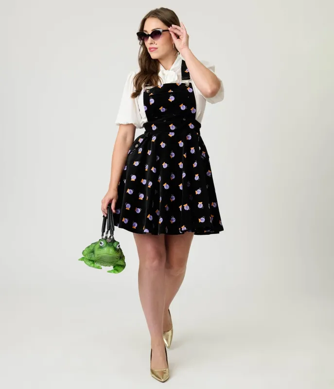 Unique Vintage Black & Crystal Ball Print Corduroy Brionne Pinafore Skirt sold by Unique Vintage