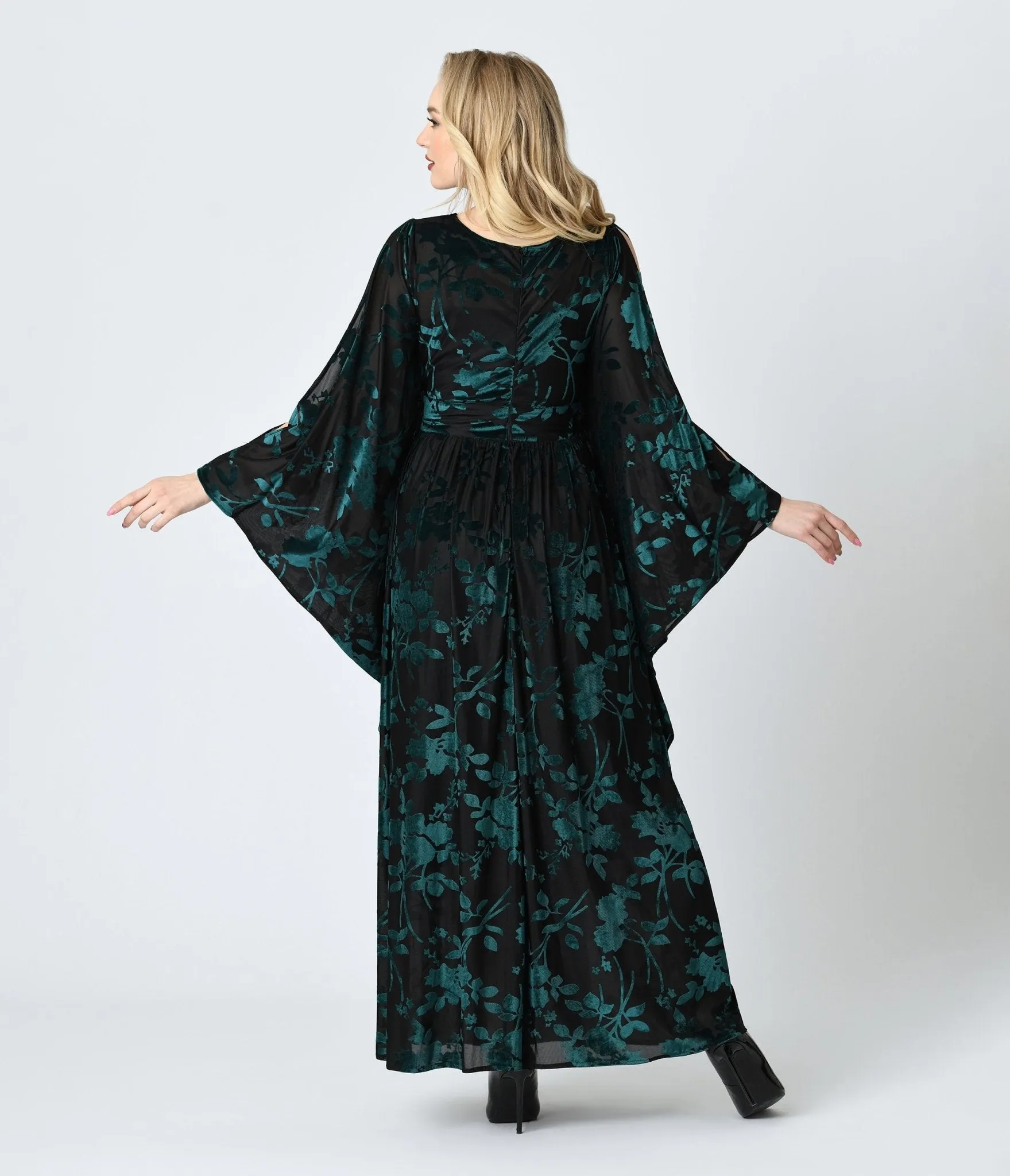Unique Vintage Black & Teal Floral Velvet Burnout Flutter Sleeve Caftan sold by Unique Vintage product image thumbnail 2
