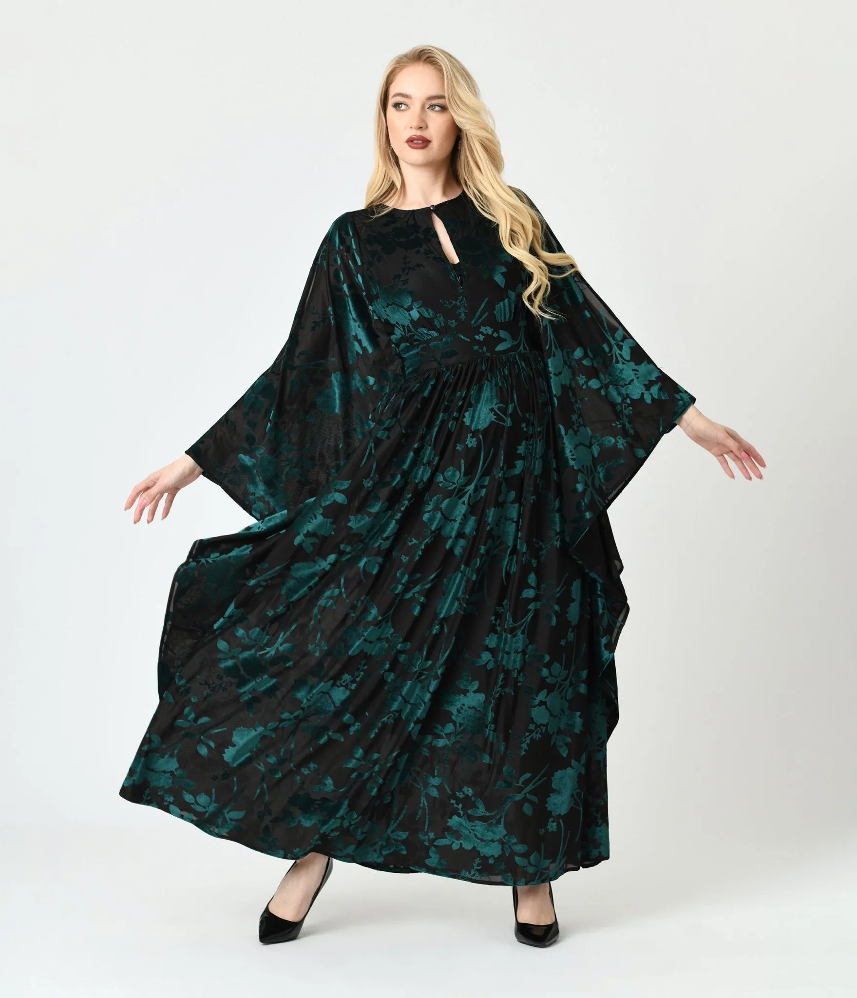 Unique Vintage Black & Teal Floral Velvet Burnout Flutter Sleeve Caftan sold by Unique Vintage product image thumbnail 3