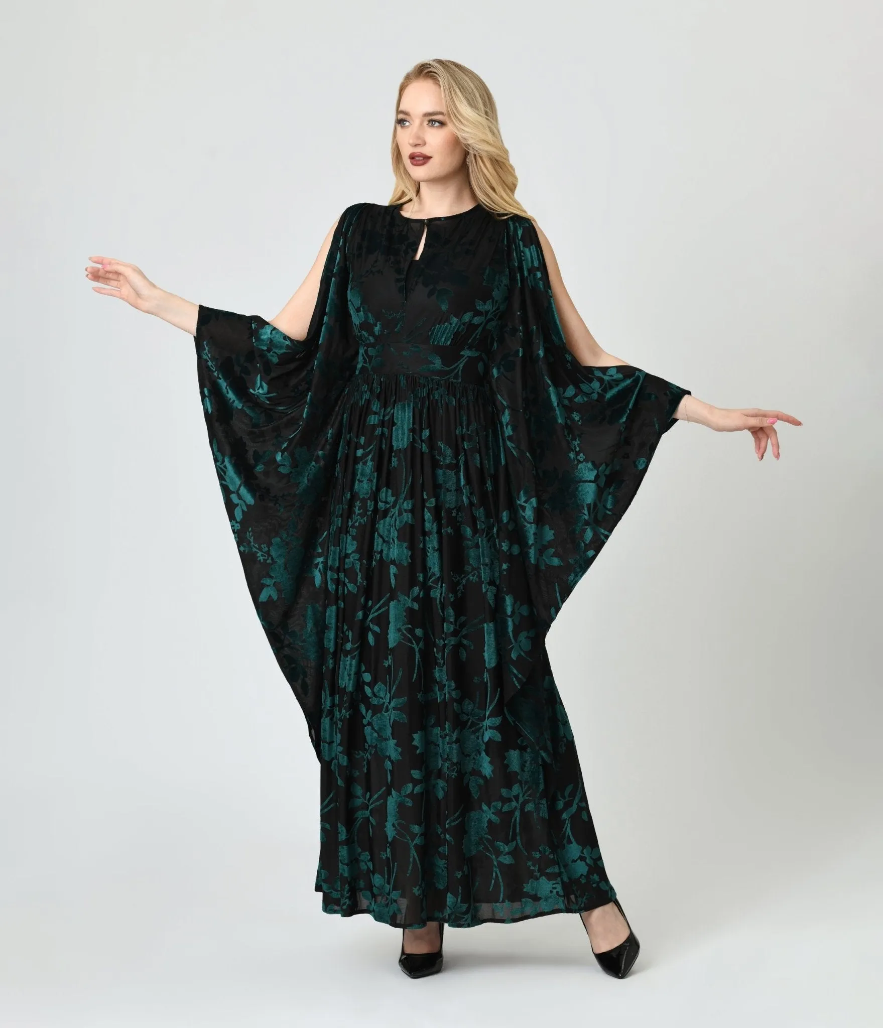 Unique Vintage Black & Teal Floral Velvet Burnout Flutter Sleeve Caftan sold by Unique Vintage product image thumbnail 4