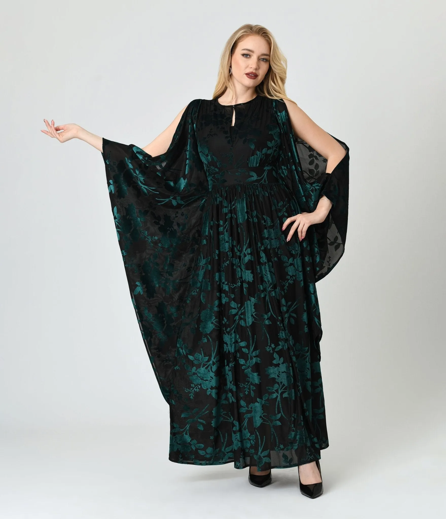 Unique Vintage Black & Teal Floral Velvet Burnout Flutter Sleeve Caftan sold by Unique Vintage