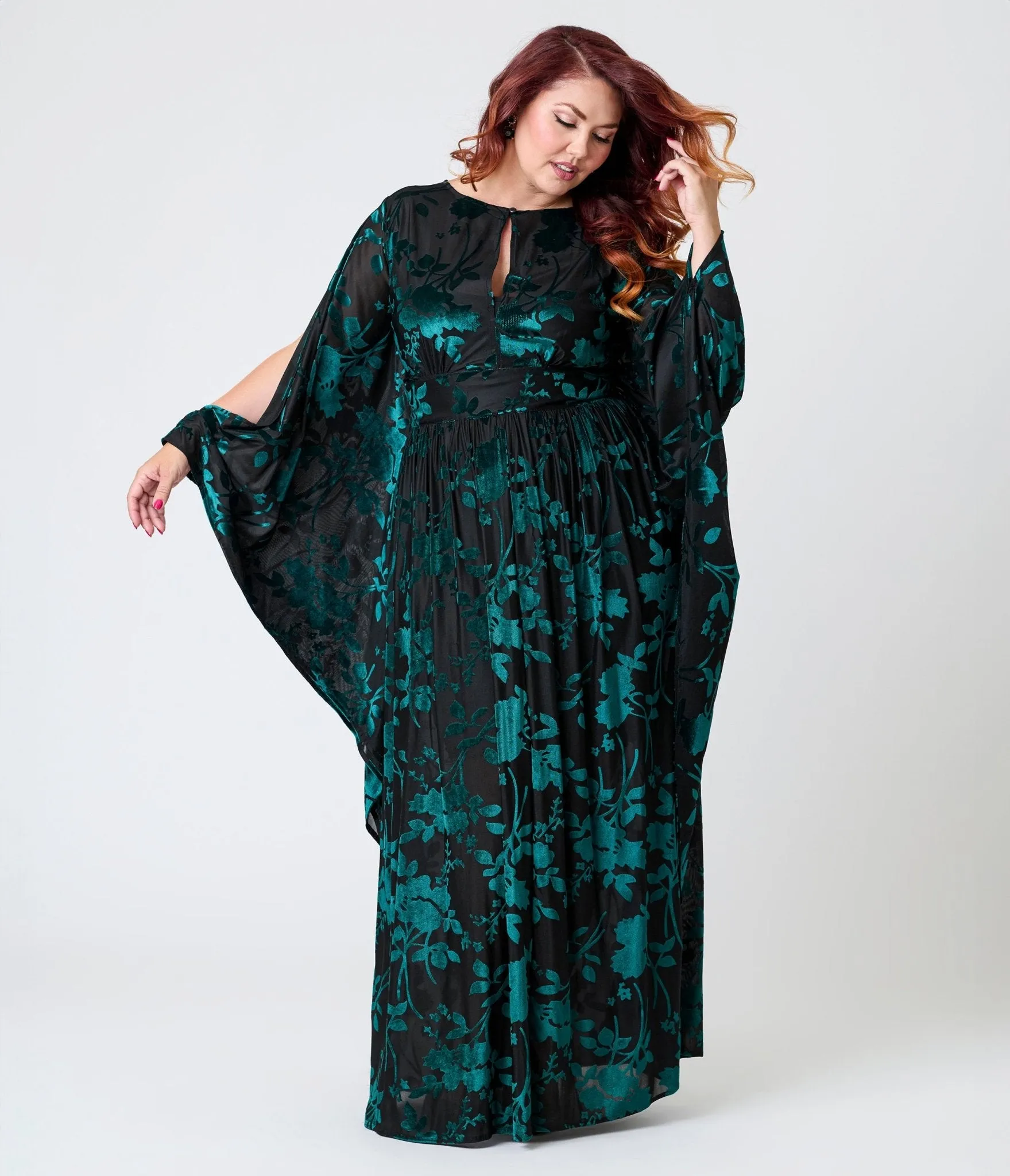 Unique Vintage Plus Size Black & Teal Floral Velvet Burnout Flutter Sleeve Caftan sold by Unique Vintage product image thumbnail 3