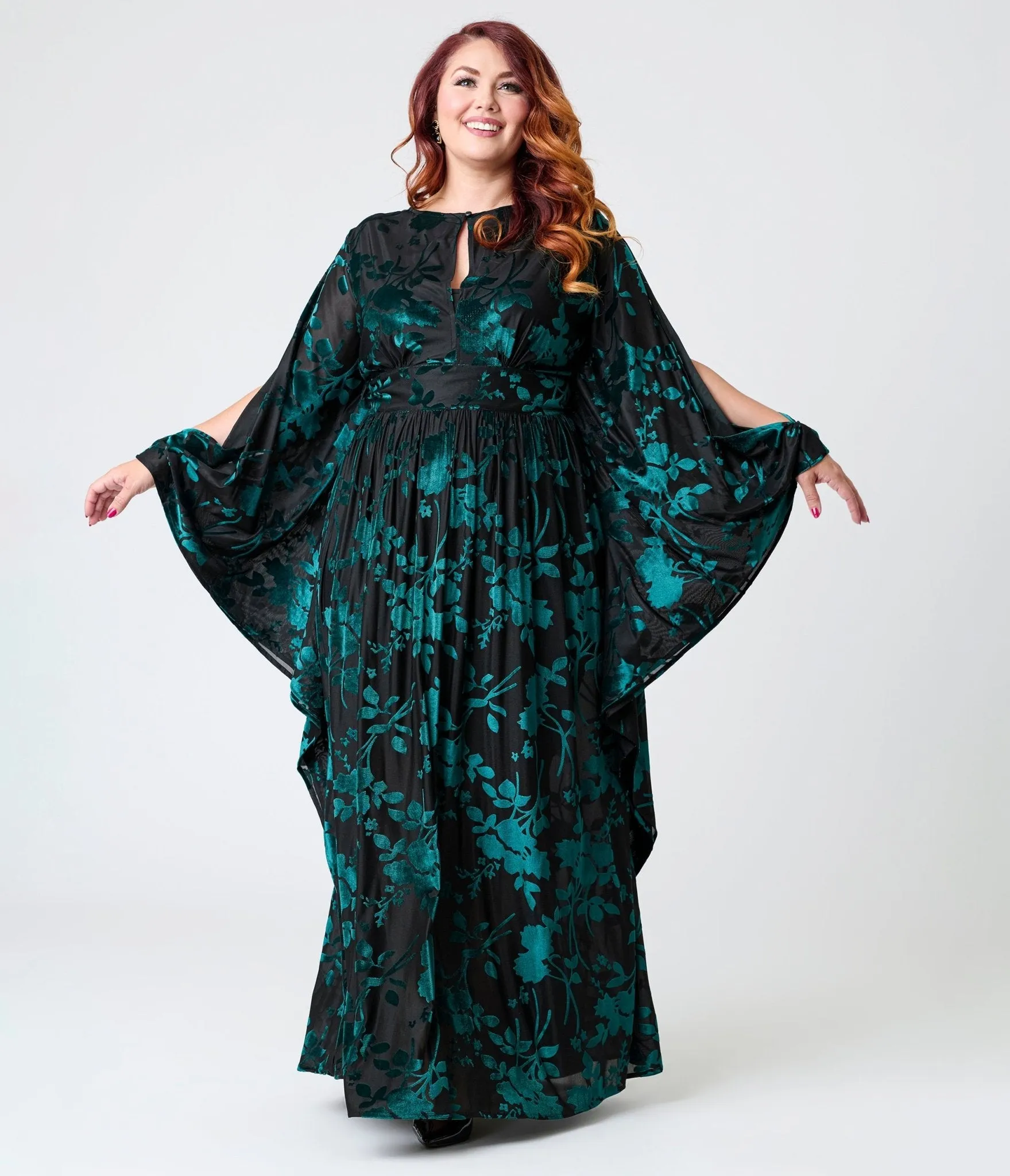 Unique Vintage Plus Size Black & Teal Floral Velvet Burnout Flutter Sleeve Caftan sold by Unique Vintage product image thumbnail 4